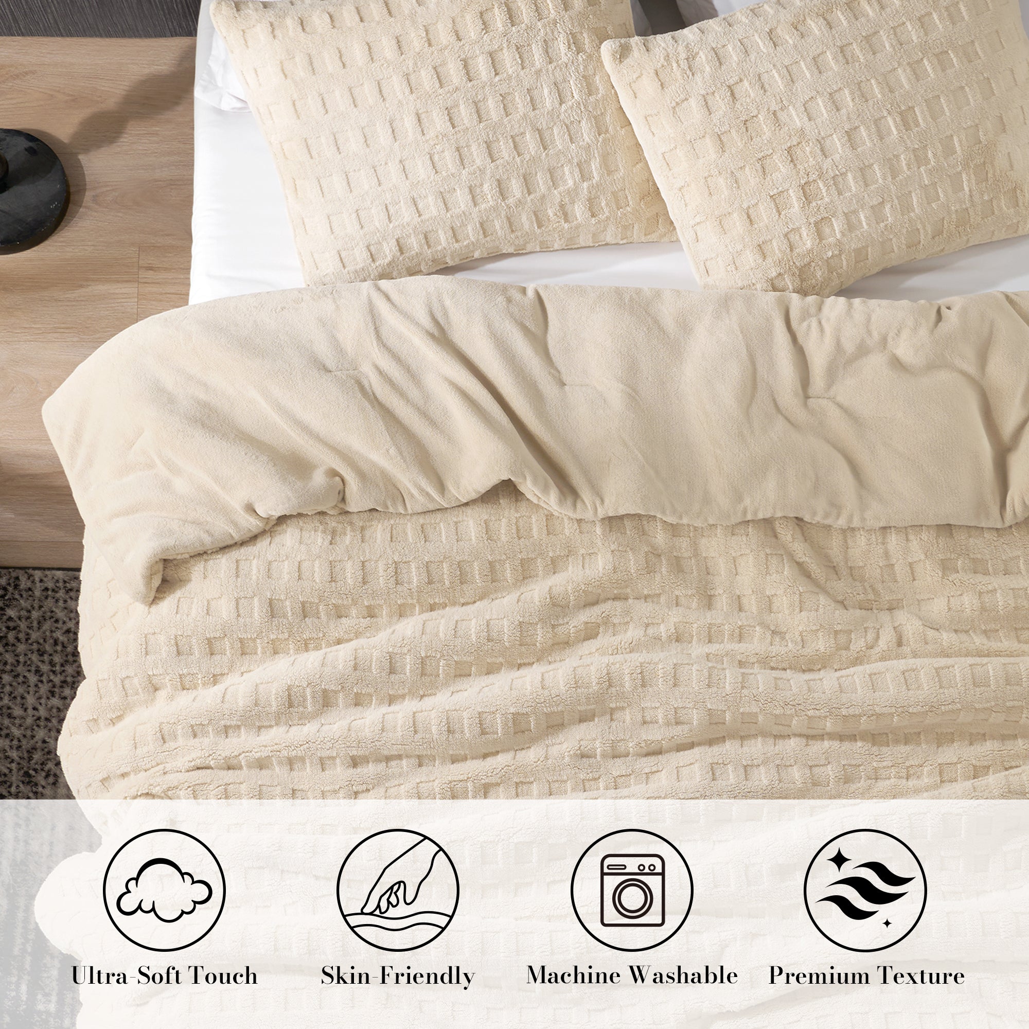 Snuggle Sac Winter Jacquard Cuddle Soft Waffle Comforter Set in khaki on bed in a bedroom showing Ultra-Soft touch, skin-friendly, Machine washable and premium texture#color_Khaki