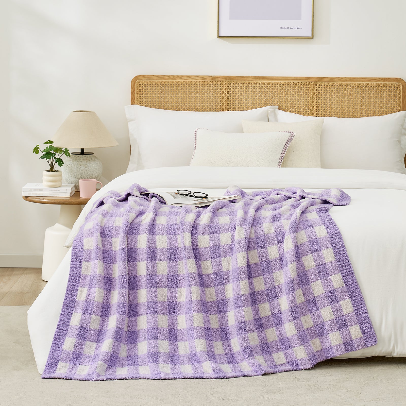 SnugCozy Plaid Knit Feather Yarn Knit Throw Blanket - Pink