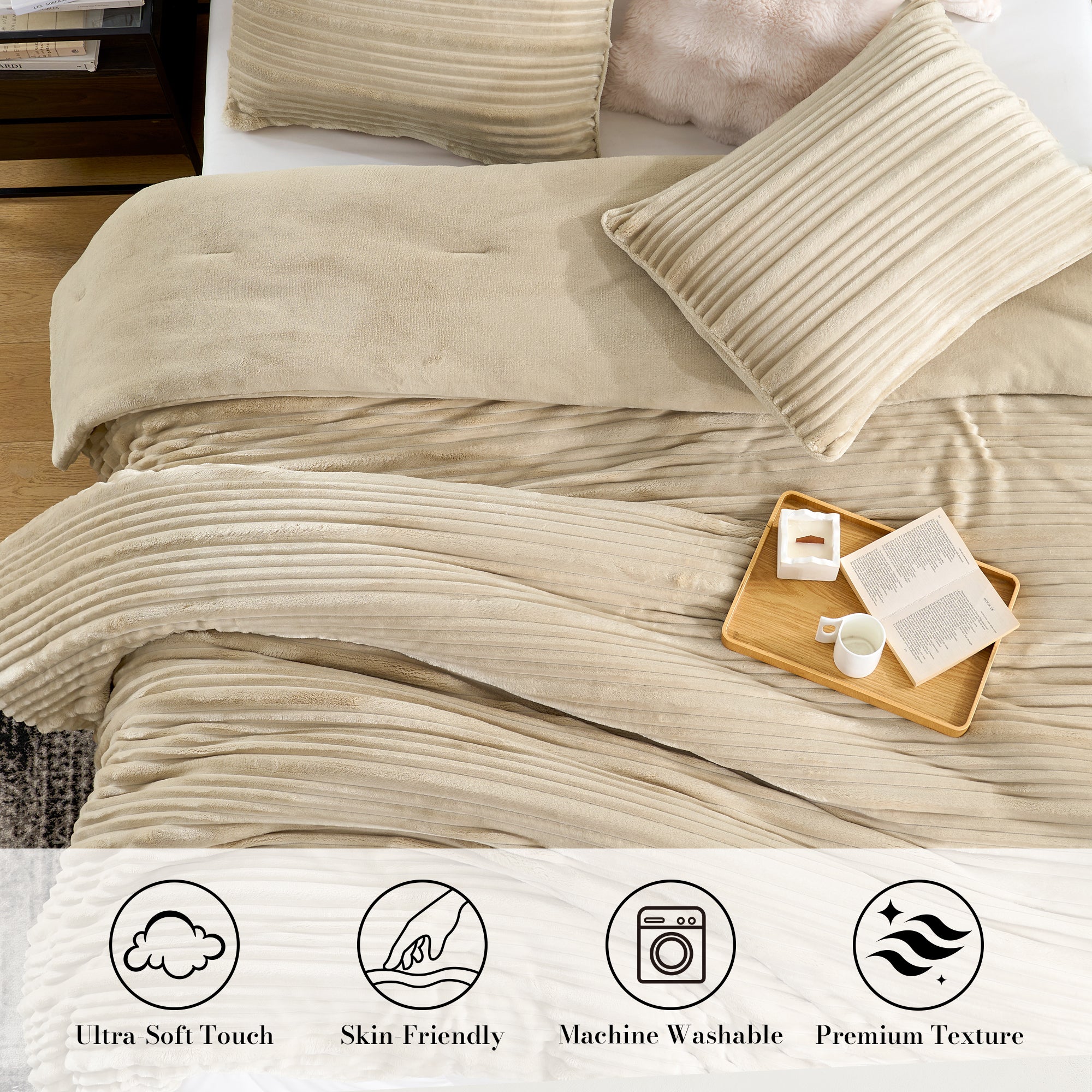 Snuggle Sac Winter Striped Flannel Fleece Comforter Set on bed in a bedroom showing Ultra-Soft touch, skin-friendly, Machine washable and premium texture#color_Beige
