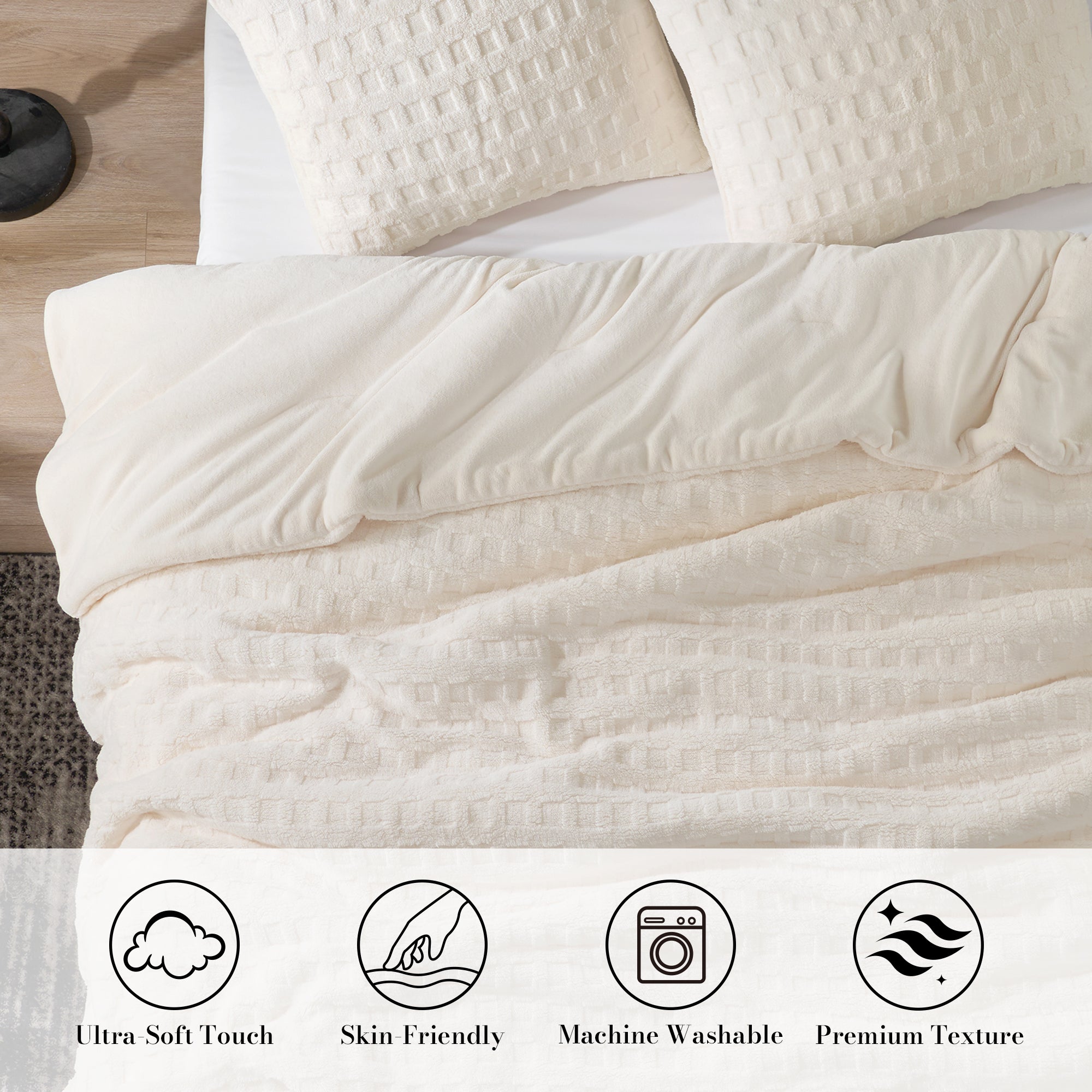 Snuggle Sac Winter Jacquard Cuddle Soft Waffle Comforter Set in beige on bed in a bedroom showing Ultra-Soft touch, skin-friendly, Machine washable and premium texture#color_Beige