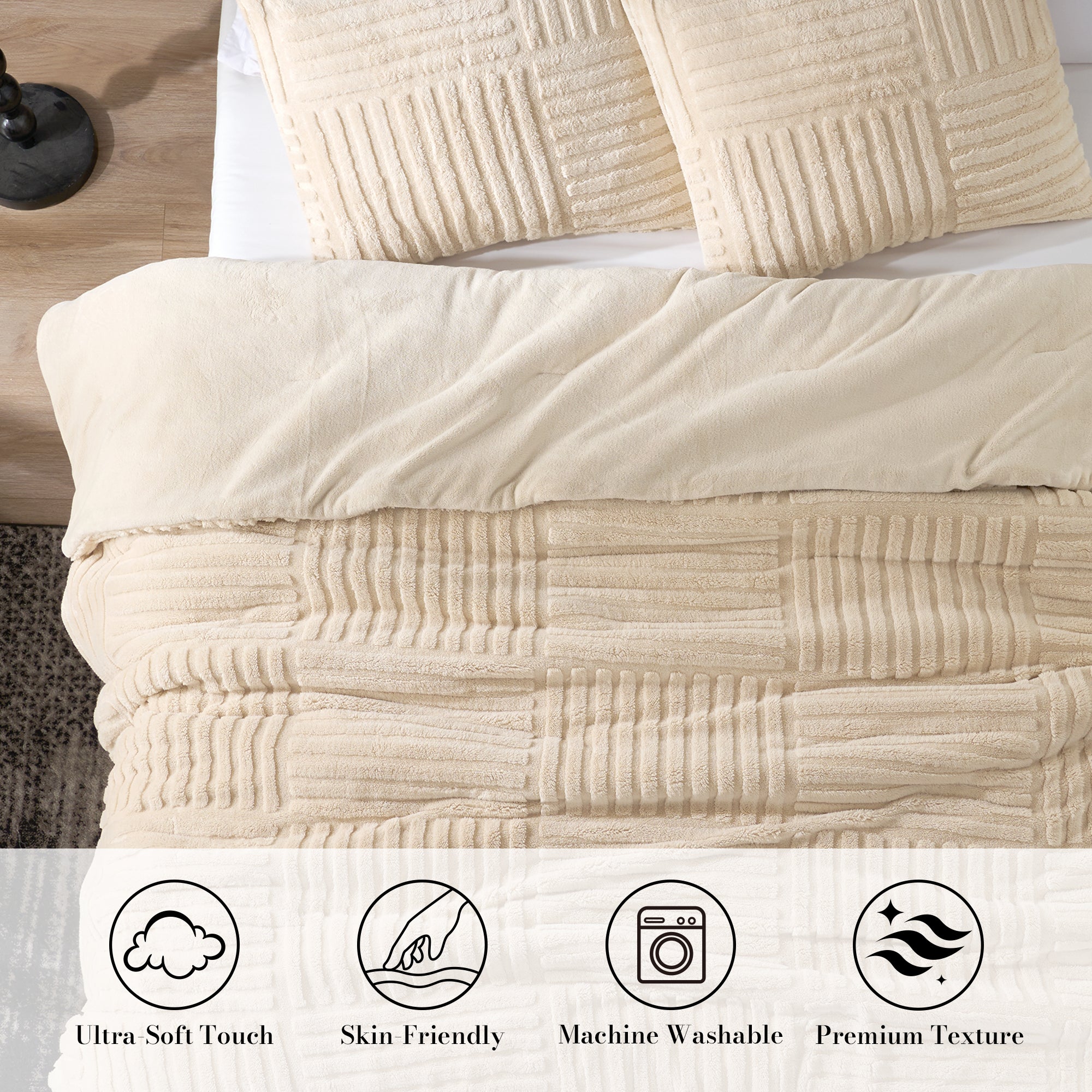 Snuggle Sac Winter Stripe Jacquard comforter in khaki on bed in a bedroom showing Ultra-Soft touch, skin-friendly, Machine washable and premium texture#color_Khaki