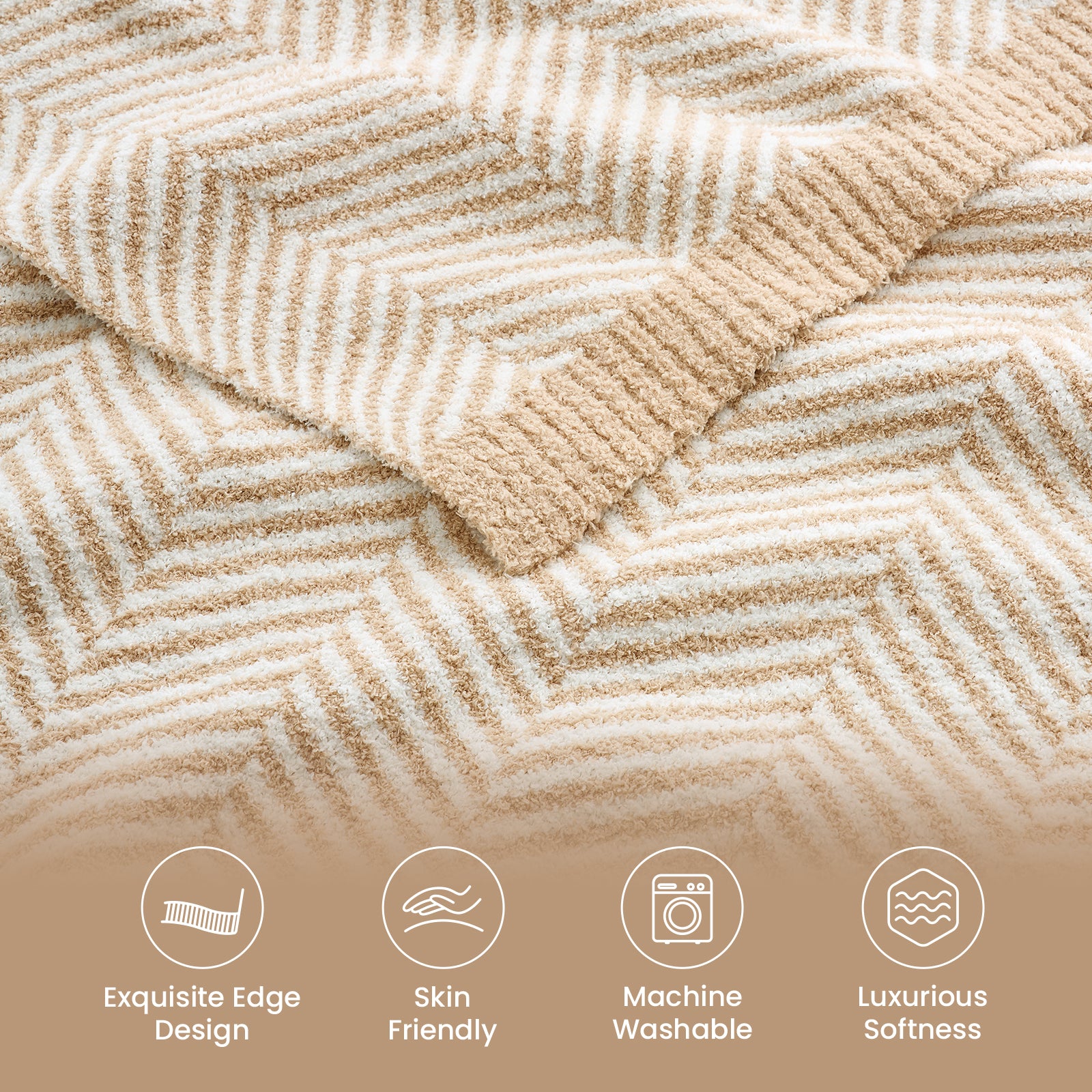 Close up of Snuggle Sacs Herringbone Feather Yarn Knit Throw Blanket, featuring 'Exquisite Edge Design, Skin Friendly, Machine Washable, Luxurious Softness'#color_Beige