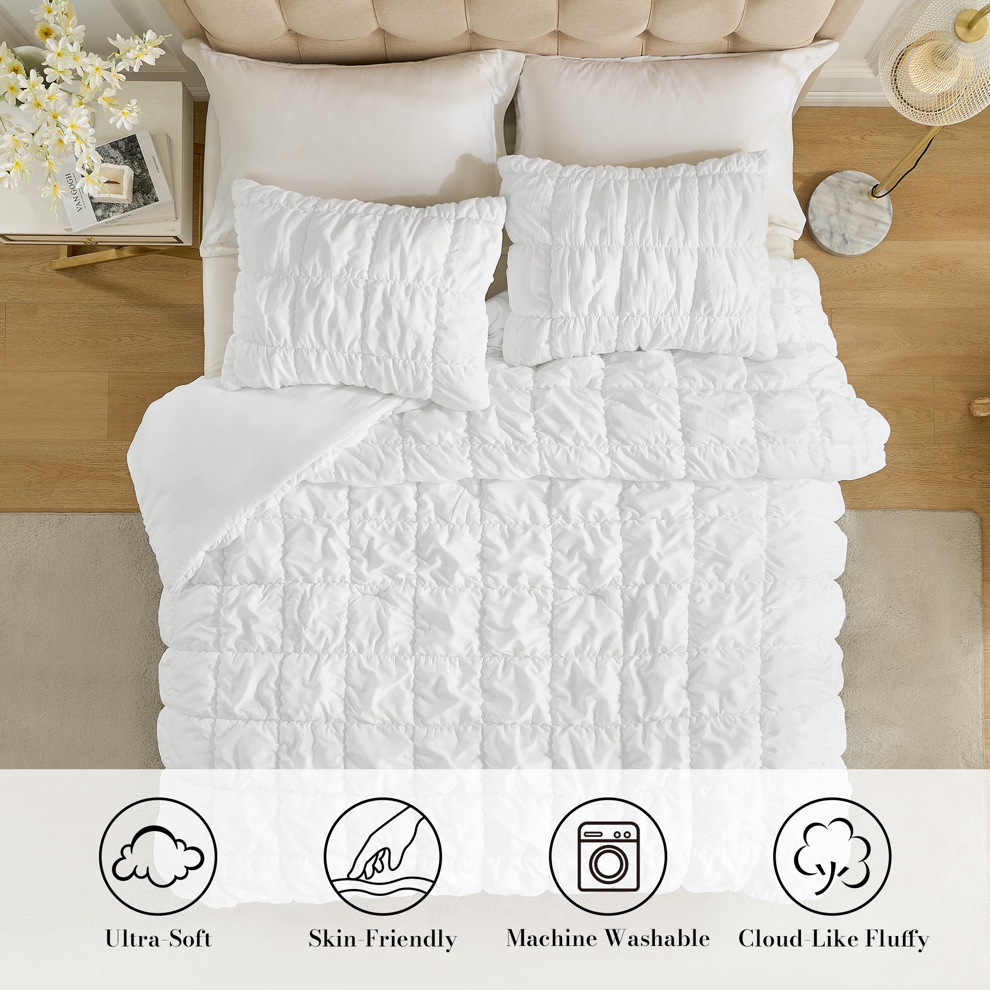 Snuggle Sac All-Season Bubble Comforter Set on bed in a bedroom showing Ultra-Soft touch, skin-friendly, Machine washable and premium texture#color_Ivory