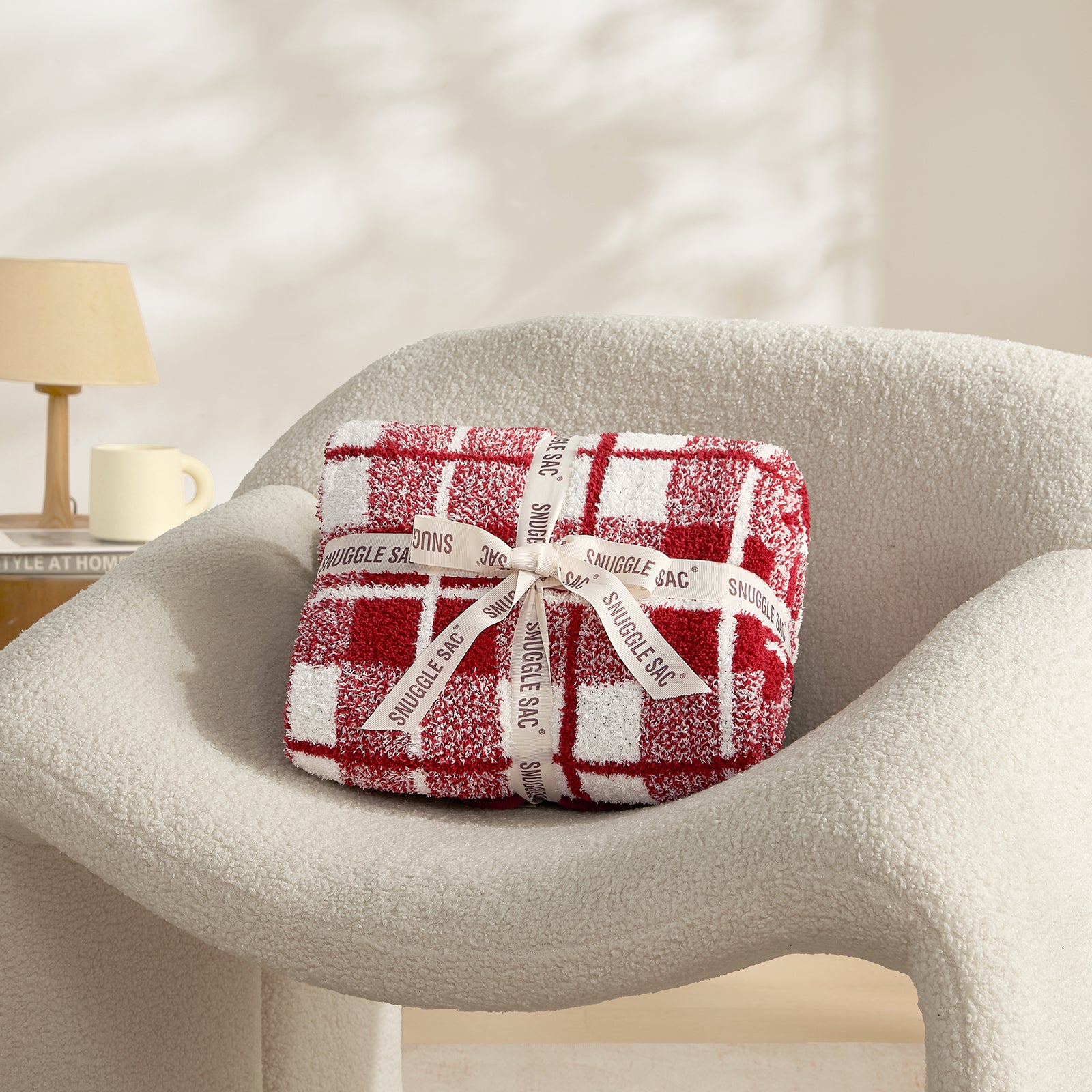 Reversible Buffalo Plaid Feather Yarn Knit Throw Blanket wrapped as a perfect gift with ribbon#Color_Red