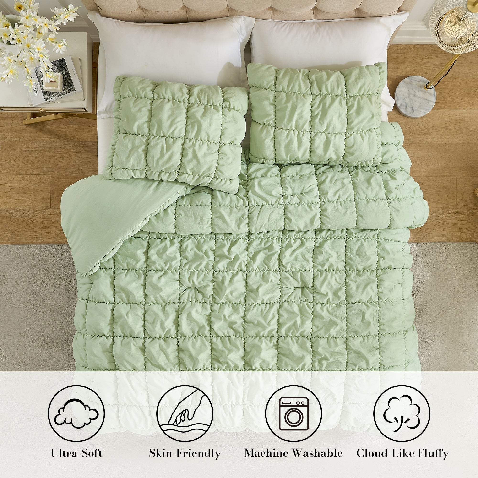 Snuggle Sac All-Season Bubble Comforter Set on bed in a bedroom showing Ultra-Soft touch, skin-friendly, Machine washable and premium texture#color_Sage Green