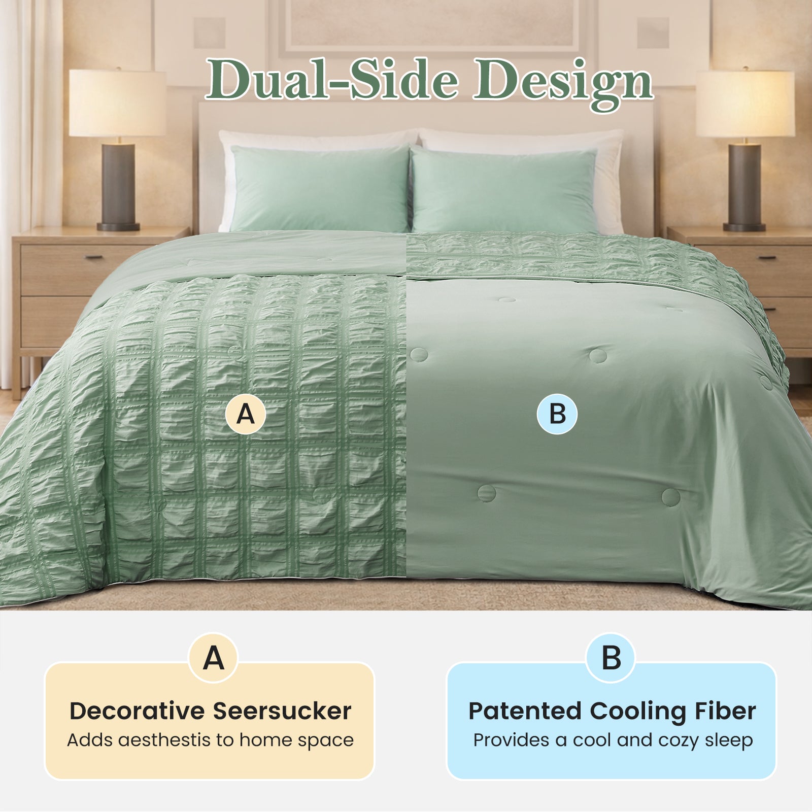 Snuggle Sac Cooling comforter with double comfort design on bed #color_Sage Green