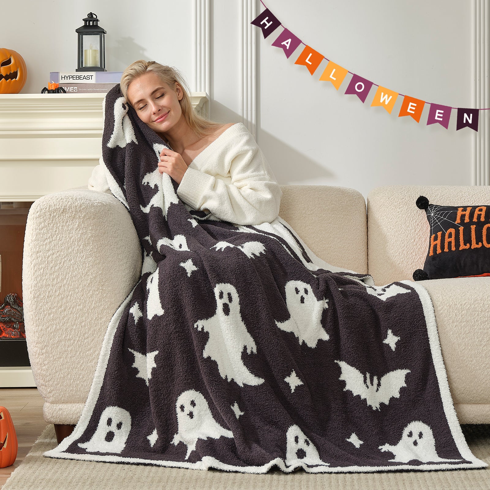 Reversible black ghost Throw Blanket