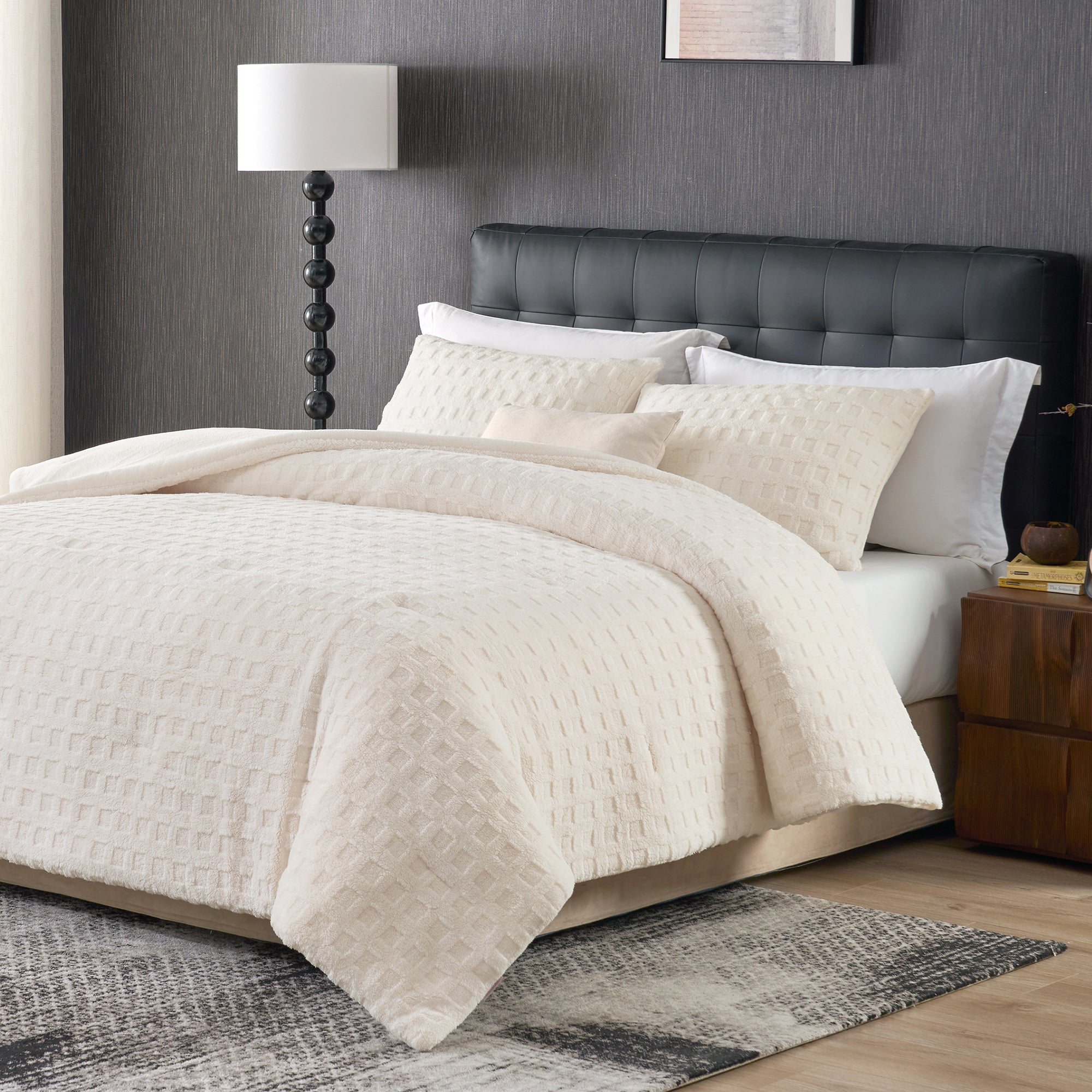 Side View of Snuggle Sac Winter Jacquard Cuddle Soft Waffle Comforter Set in beige on bed#color_Beige