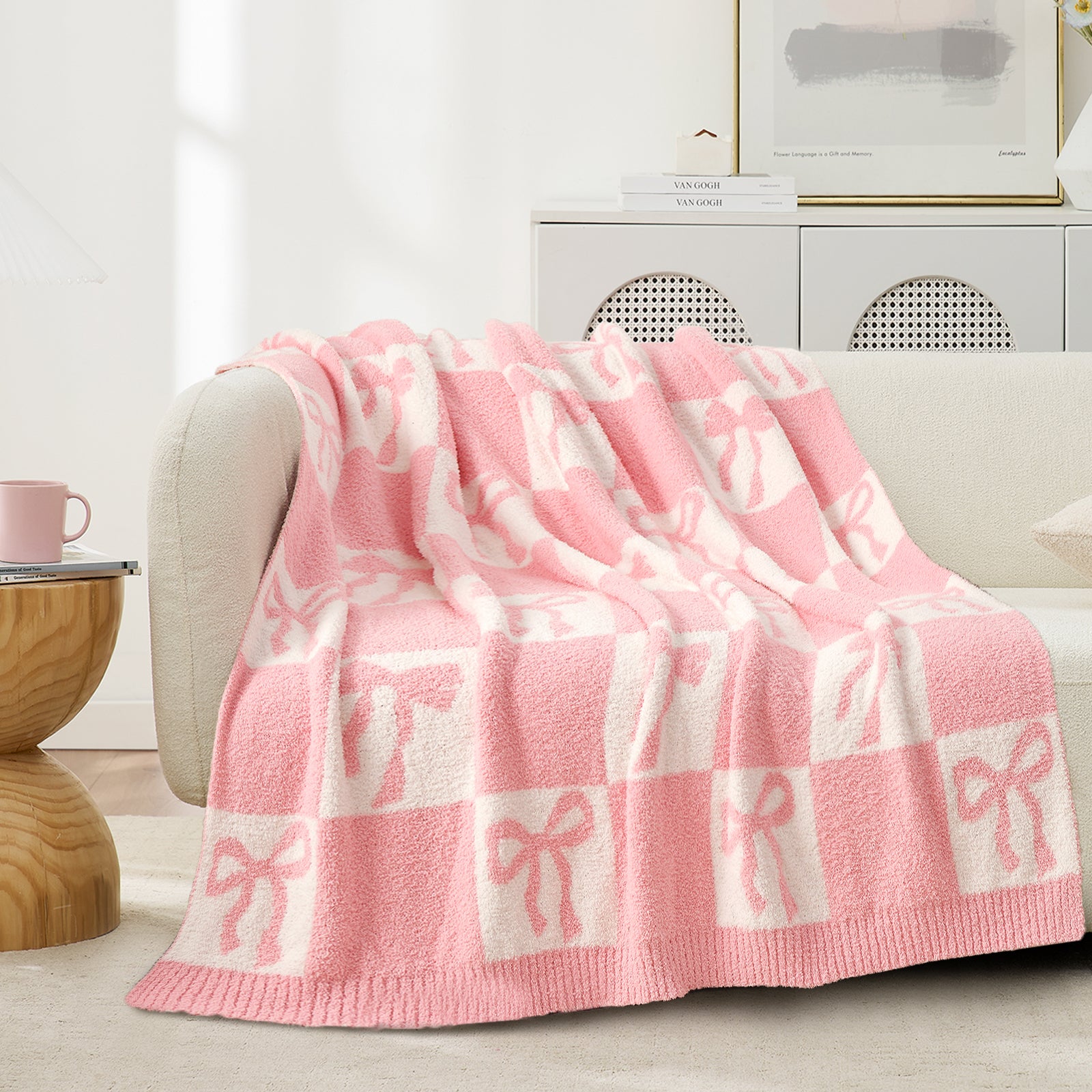 SnugCozy Reversible Checkered Bow Feather Yarn Knit Throw Blanket