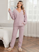 Snuggle Sac women long sleeve V-neck knit loungewear set in Taro, styled in a cozy indoor lifestyle setting with a relaxed fit #color_Taro