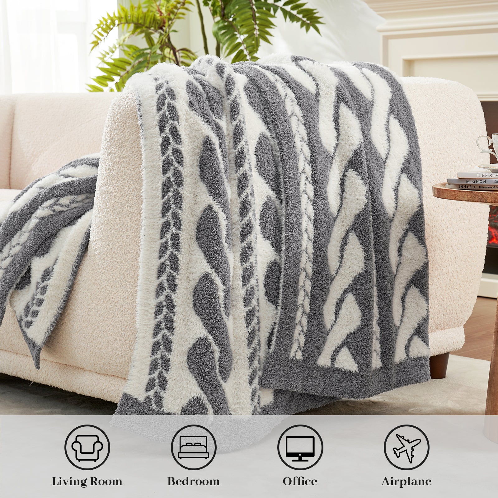 Cable pattern Faux Fur Knit Throw Blanket in gray and white draped over a couch. Perfect for Any Occasion.#color_Gray