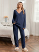 Snuggle Sac women long sleeve V-neck knit loungewear set in Navy, styled in a cozy indoor lifestyle setting with a relaxed fit #color_Navy