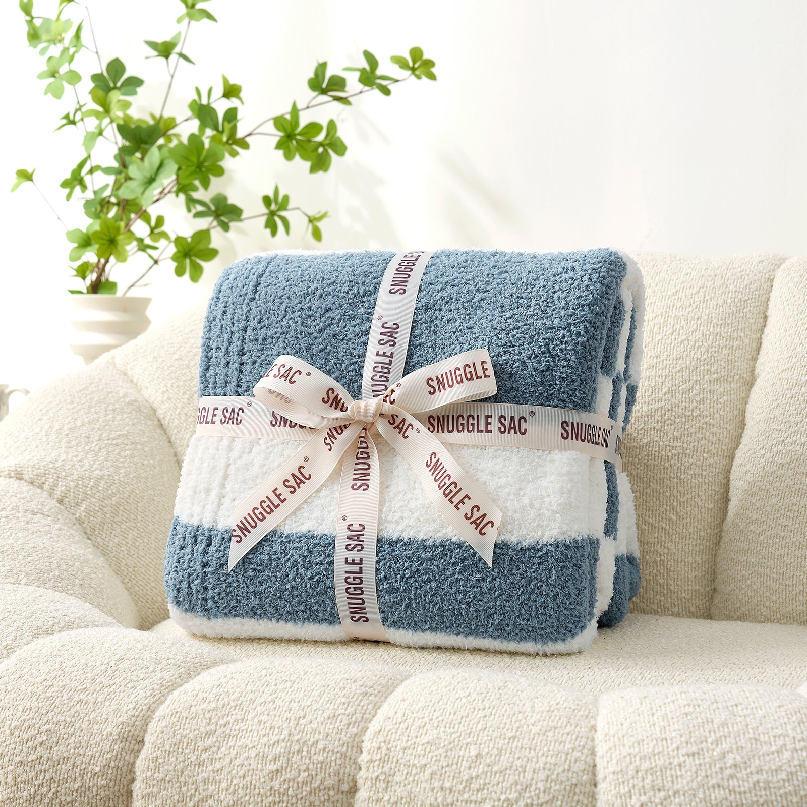 SnugCozy Reversible Blue Striped Feather Yarn Knit Throw Blanket