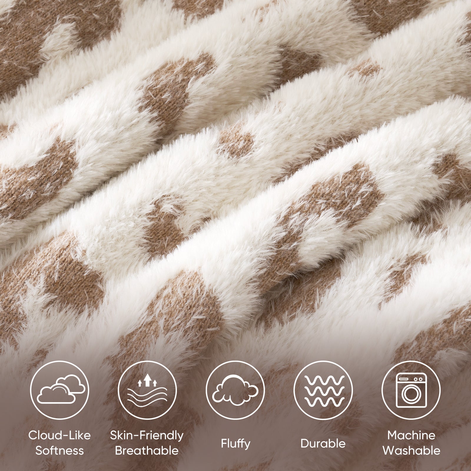 Leopard faux fur knit throw blanket in Leopard Beige displayed in close up, highlighting cloud like softness, breathable fabric, durability, and machine washable features #color_Leopard Beige