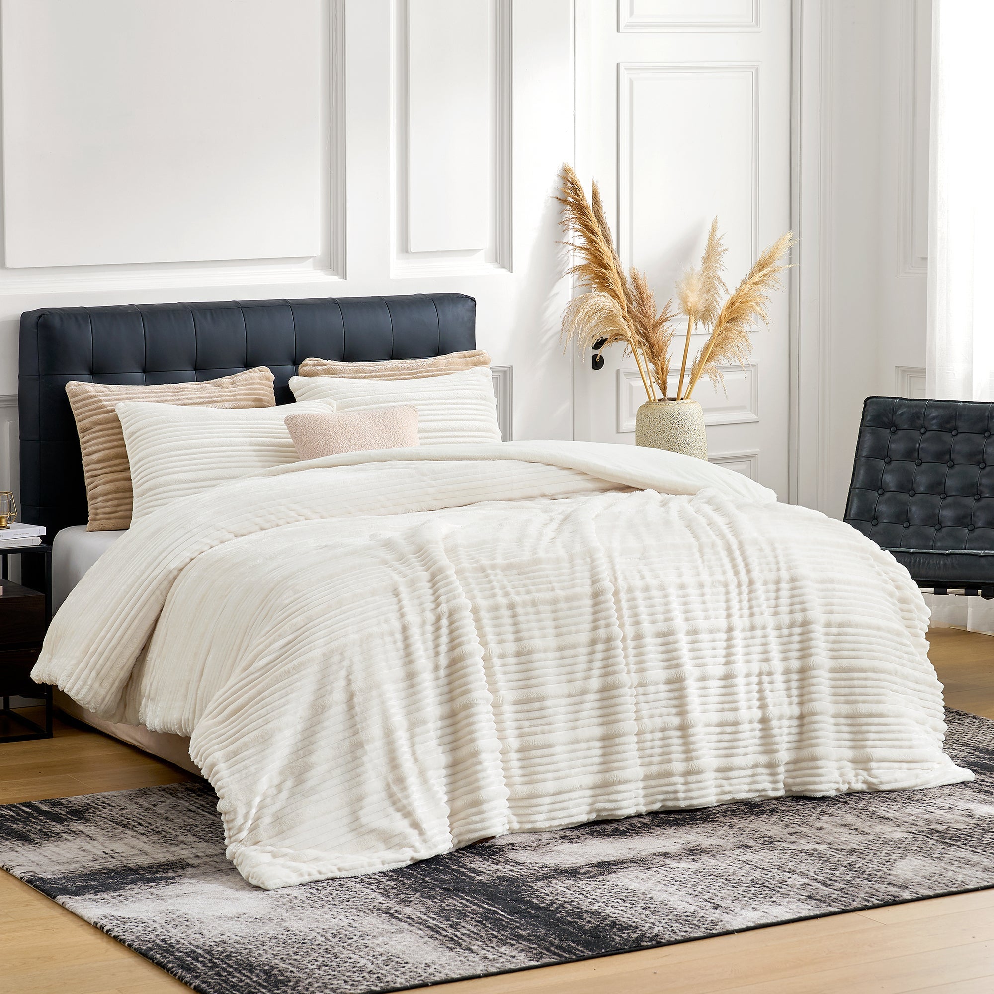 Side View of Snuggle Sac Winter Striped Flannel Fleece Comforter Set in ivory on bed#color_Ivory