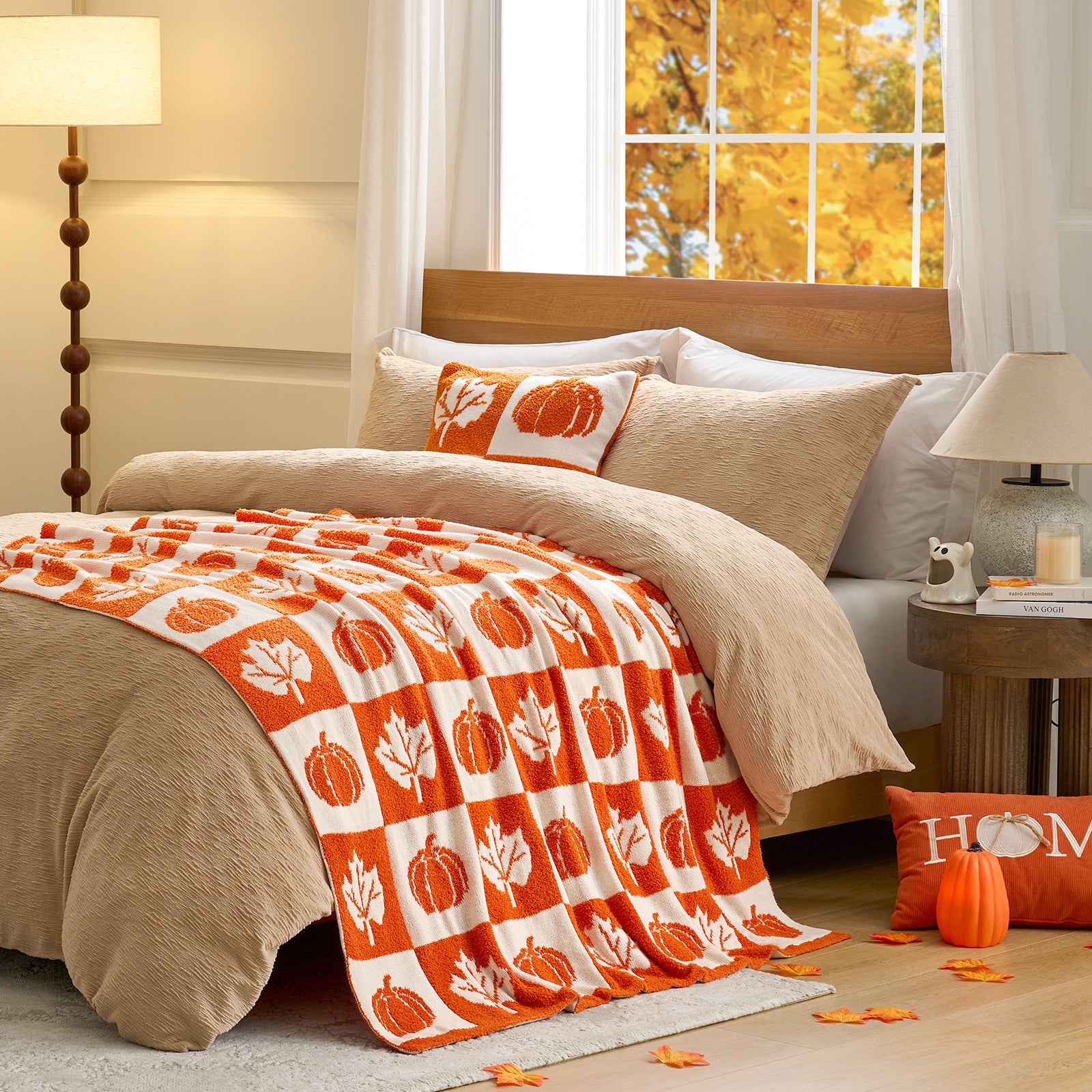 Checkered Pumpkin Maple Leaf Throw Blanket