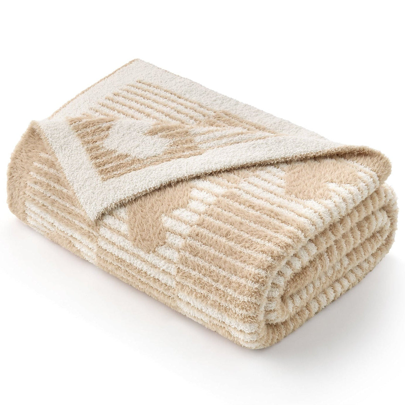 Folded beige and white textured blanket on a white background #color_Cream/Beige