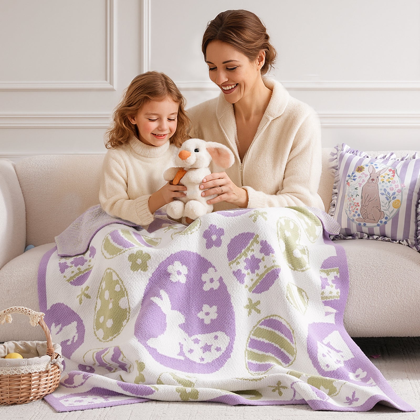 SnugCozy Easter Bunny and Eggs Chenille Knit Throw Blanket