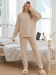 Snuggle Sac women long sleeve crewneck knit loungewear set in Beige, styled in a cozy bedroom setting with a relaxed and comfortable fit #color_Beige