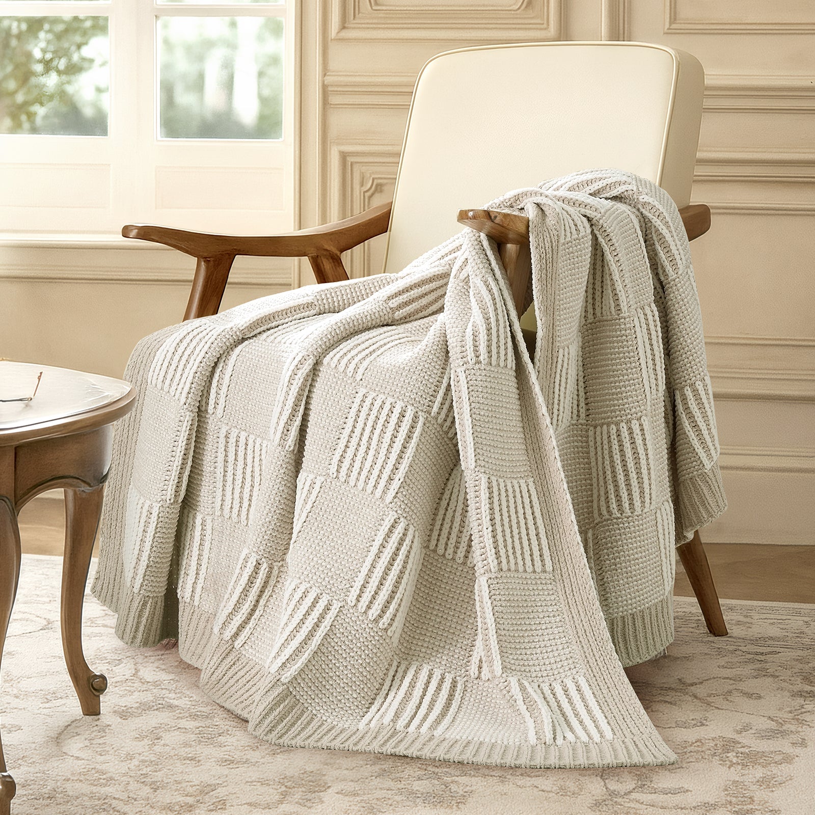 Snuggle Sac two tone checkered chenille knit throw blanket in Khaki draped over a chair creating a cozy corner #color_Khaki