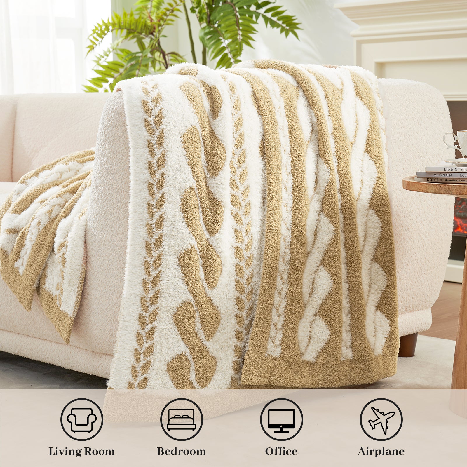Cable pattern Faux Fur Knit Throw Blanket in beige and white front view. draped over a couch. Perfect for Any Occasion.#color_Beige