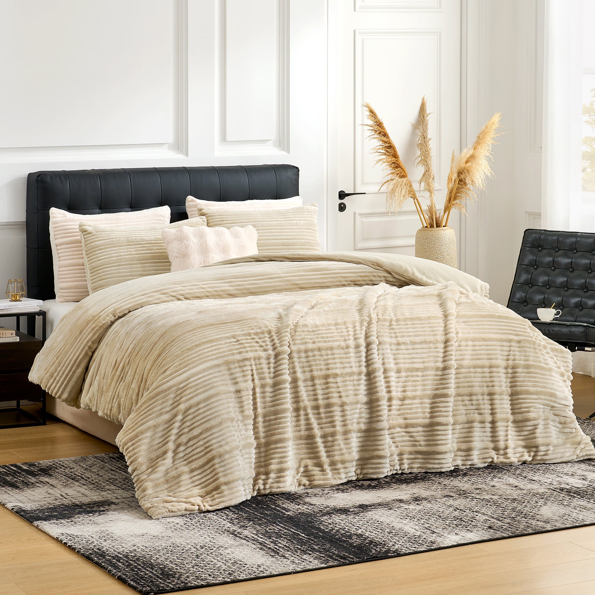 Side View of Snuggle Sac Winter Striped Flannel Fleece Comforter Set in beige on bed#color_Beige