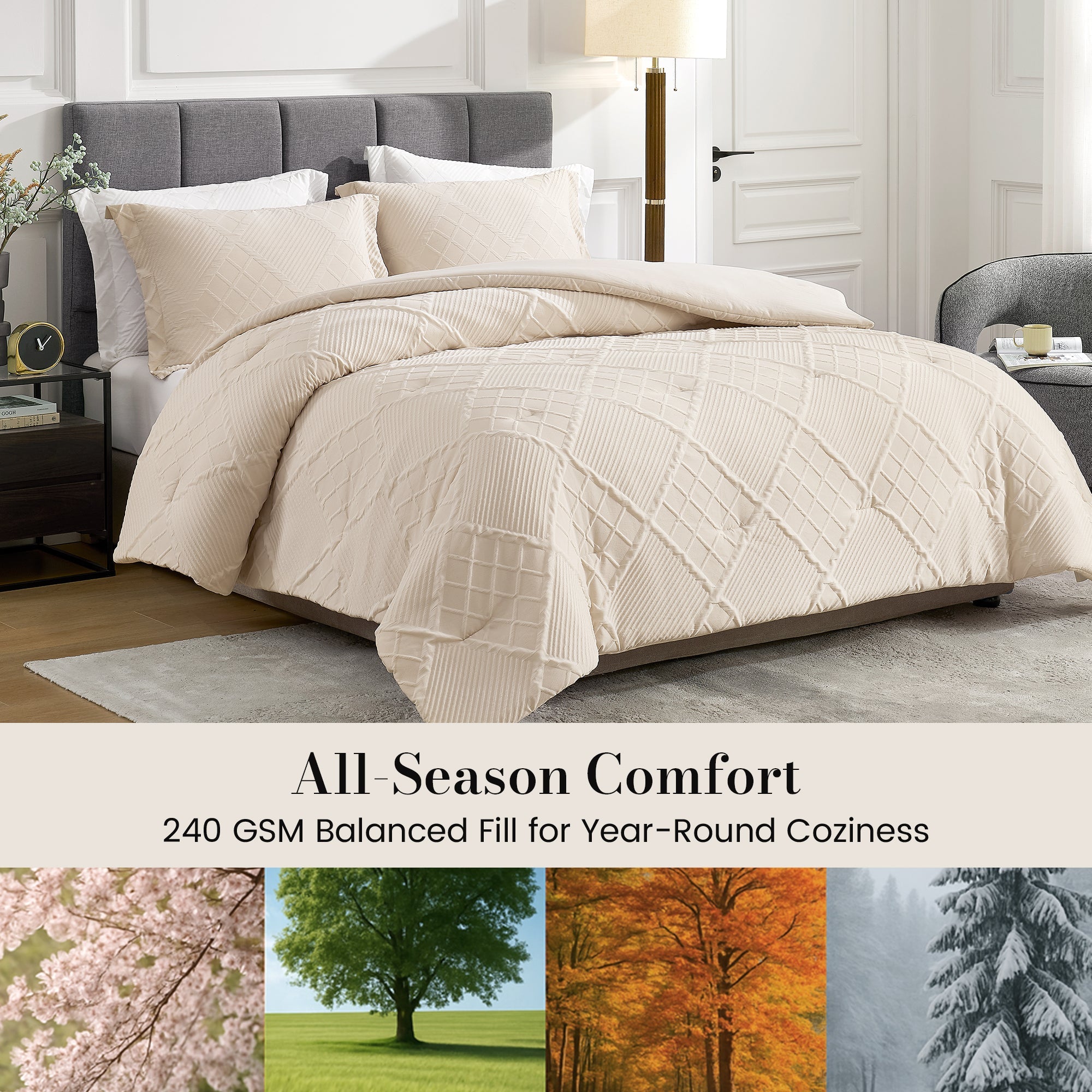 Snuggle Sac All-Season Jacquard Windowpane Comforter Set in beige on bed in a bedroom showing all season comfort#color_Beige