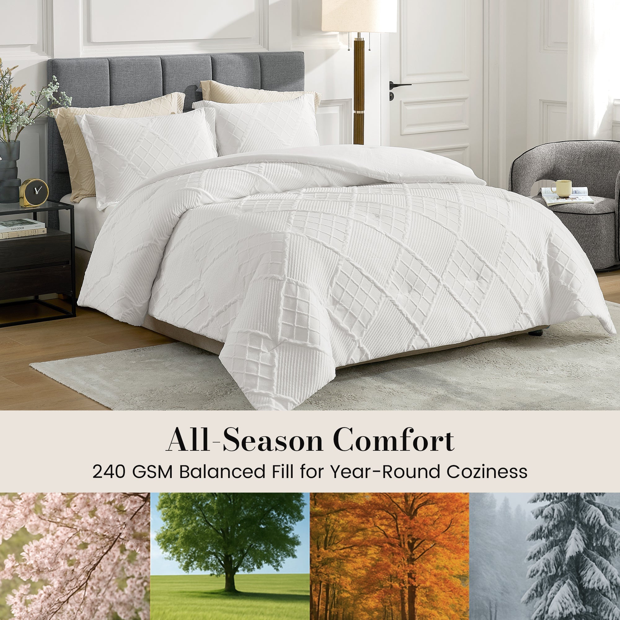 Snuggle Sac All-Season Jacquard Windowpane Comforter Set in off white on bed in a bedroom showing all season comfort#color_Off White