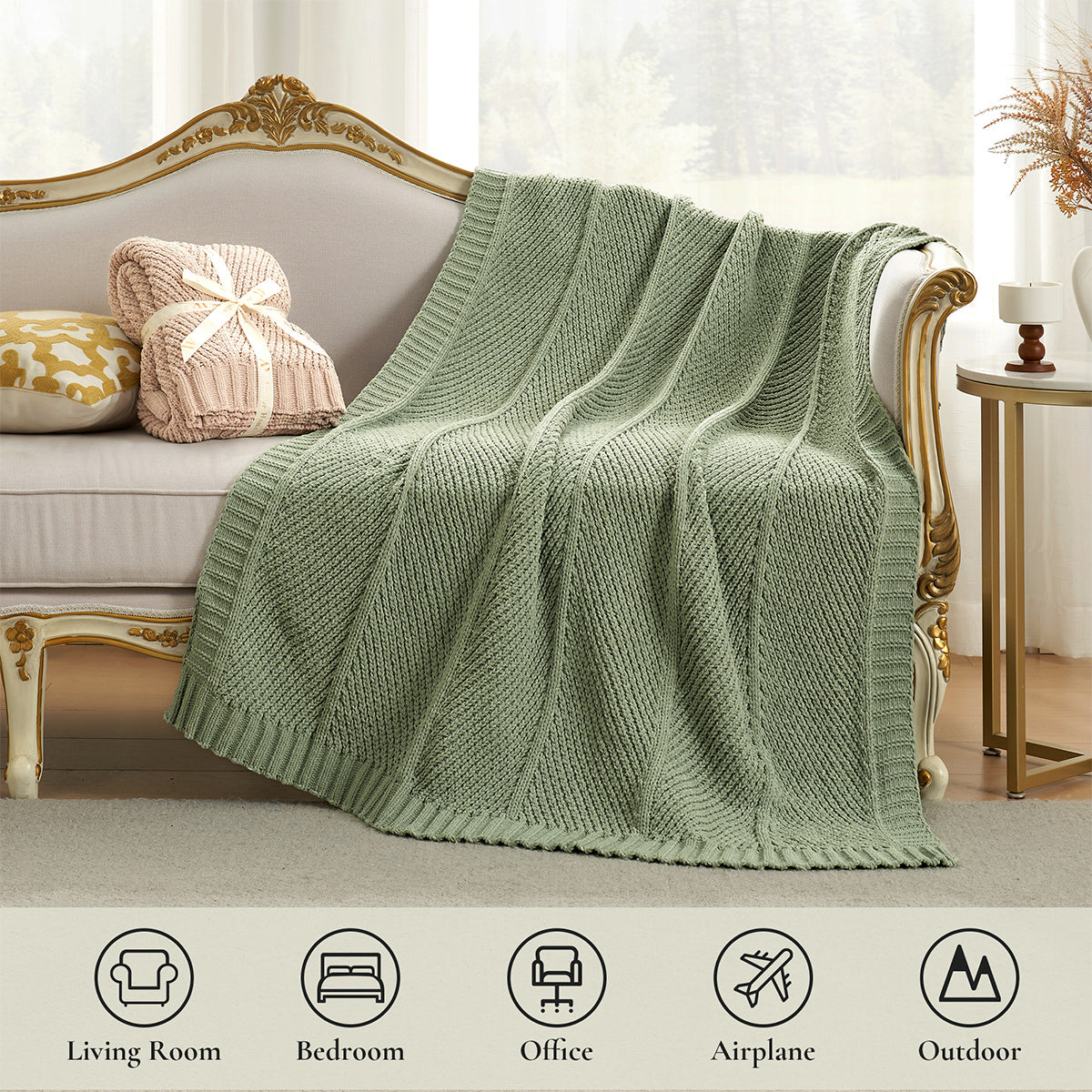 Chevron chenille knit throw blanket in Sage Green suitable for living room bedroom office travel and outdoor use #color_Sage Green