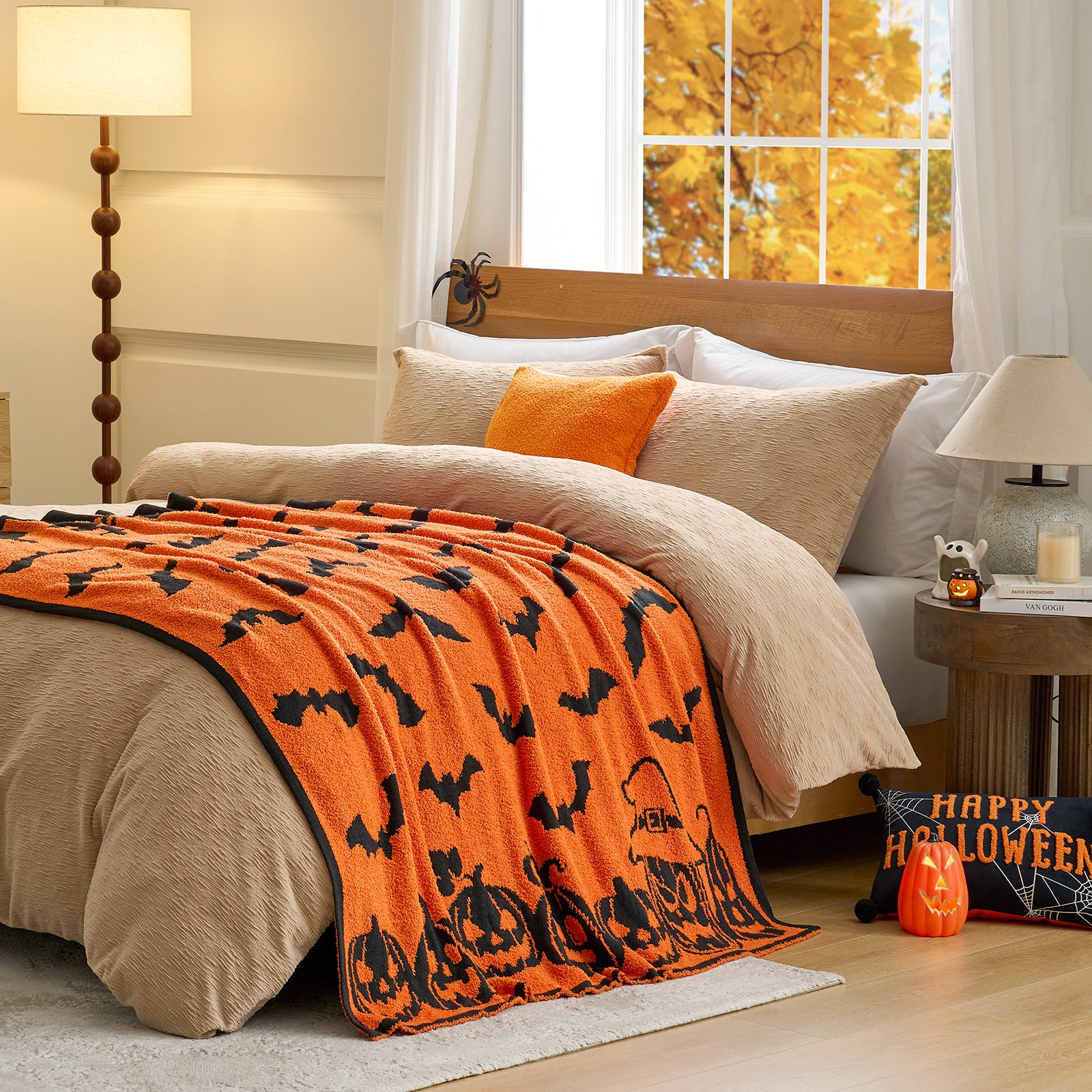 Halloween Orange Pumpkin Bat Throw Blanket
