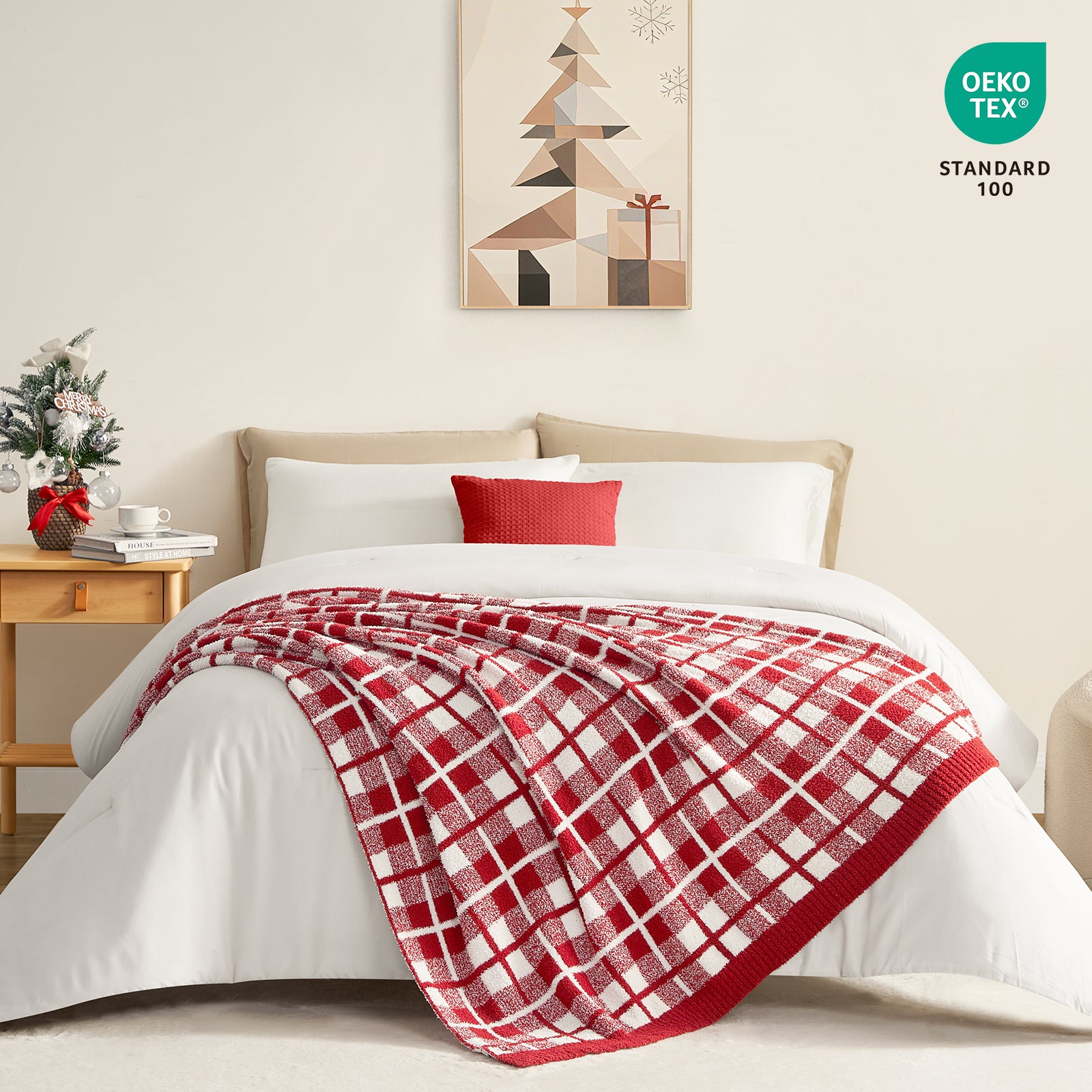 Reversible Buffalo Plaid Feather Yarn Knit Throw Blanket draped over a bed in a bright room with OEKO-TEX Certificate on the top right#Color_Red
