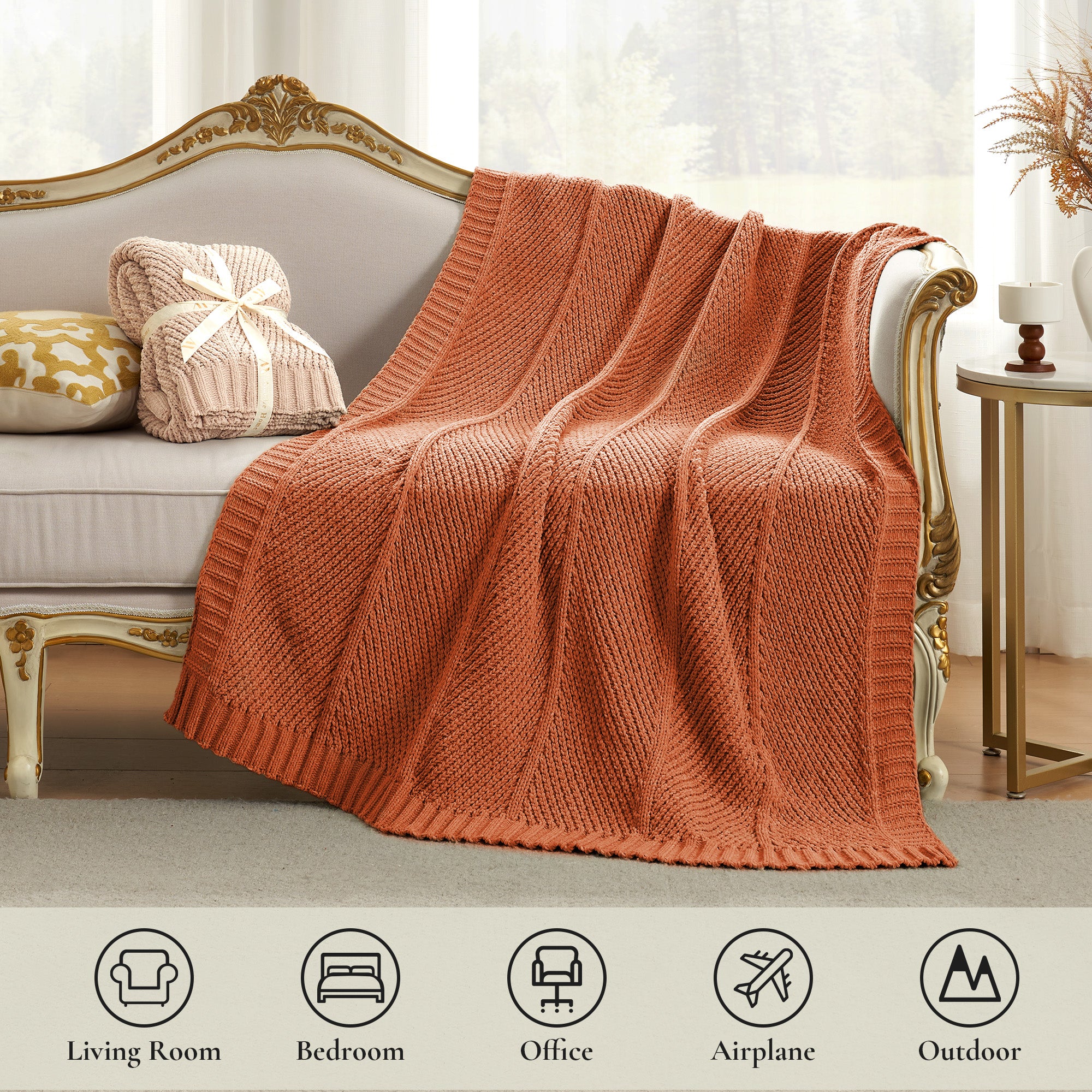 Chevron chenille knit throw blanket in Burnt Orange suitable for living room bedroom office travel and outdoor use #color_Burnt Orange