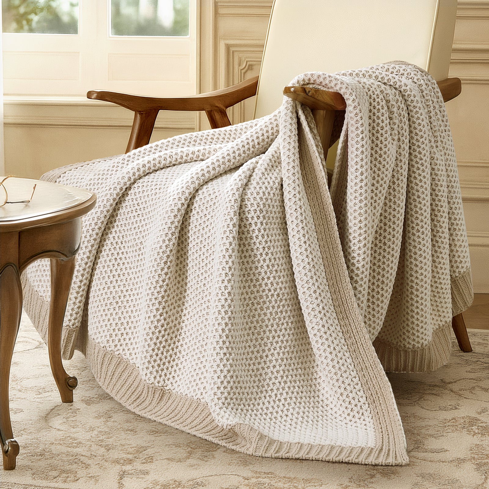 Two tone chenille knit throw blanket in Khaki draped over a chair creating a relaxed and cozy corner #color_Khaki