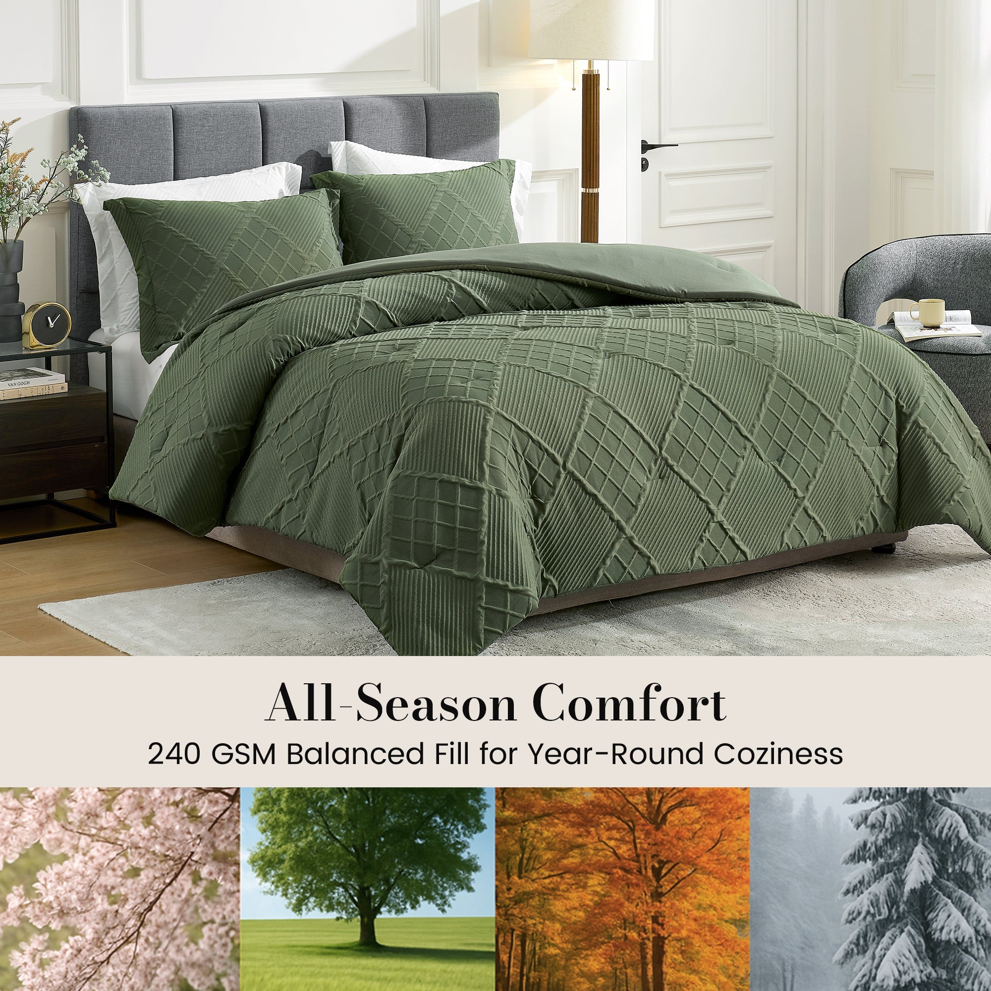 Snuggle Sac All-Season Jacquard Windowpane Comforter Set in oliver green on bed in a bedroom showing all season comfort#color_Oliver Green
