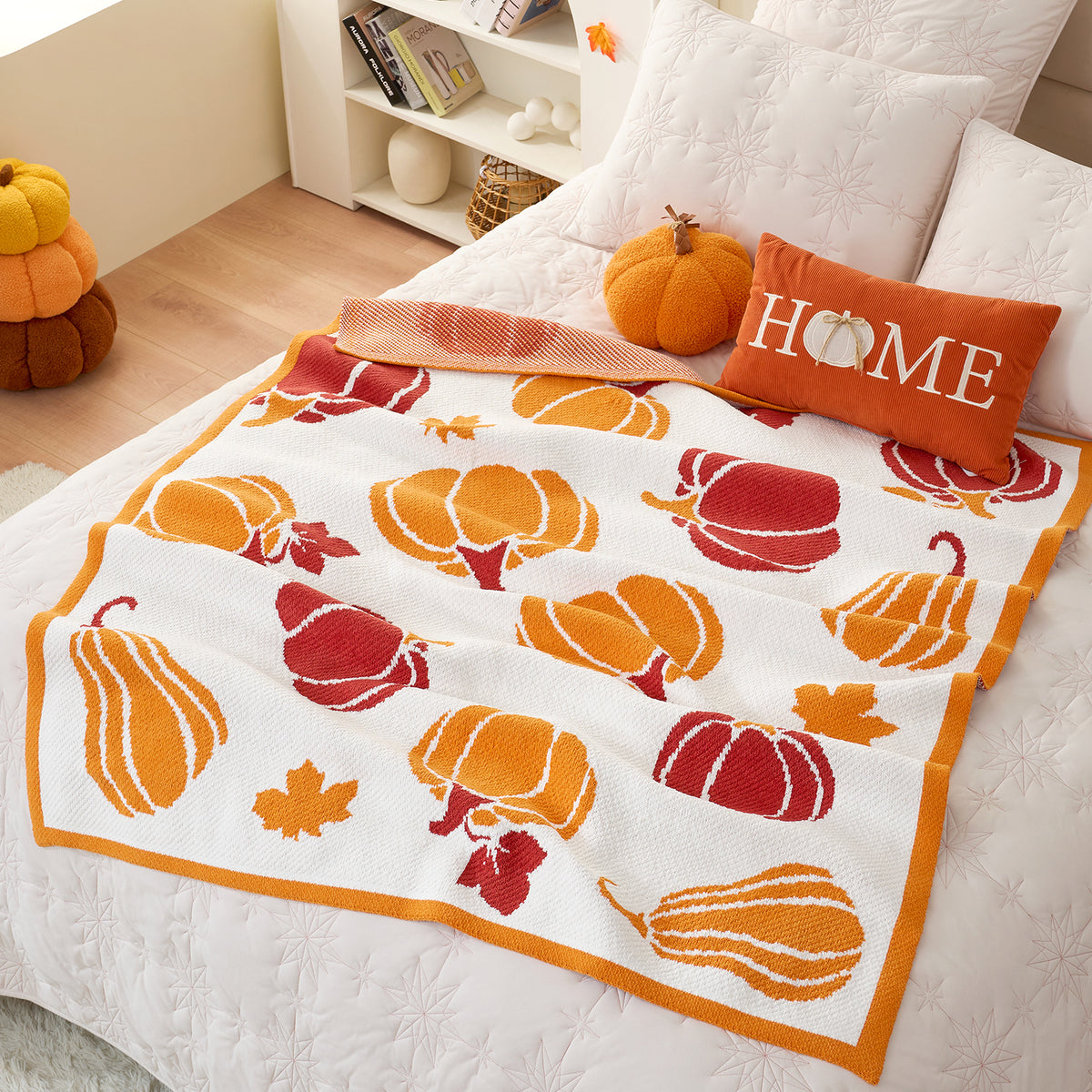 Pumpkin Harvest Maple Leaves Chenille Blanket