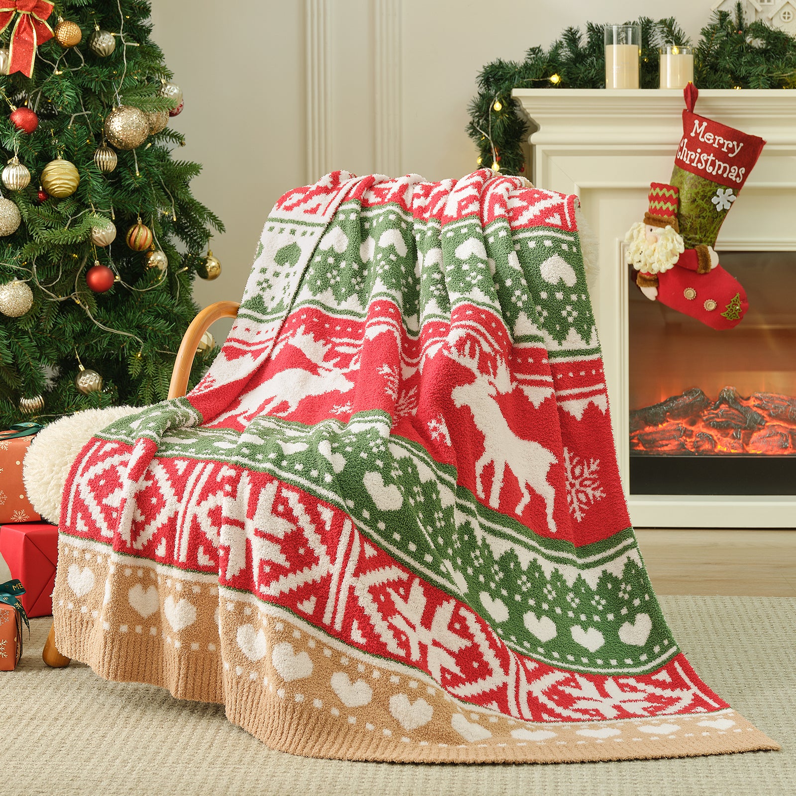 Reversible Fairy Isle Reindeer Christmas Throw Blanket