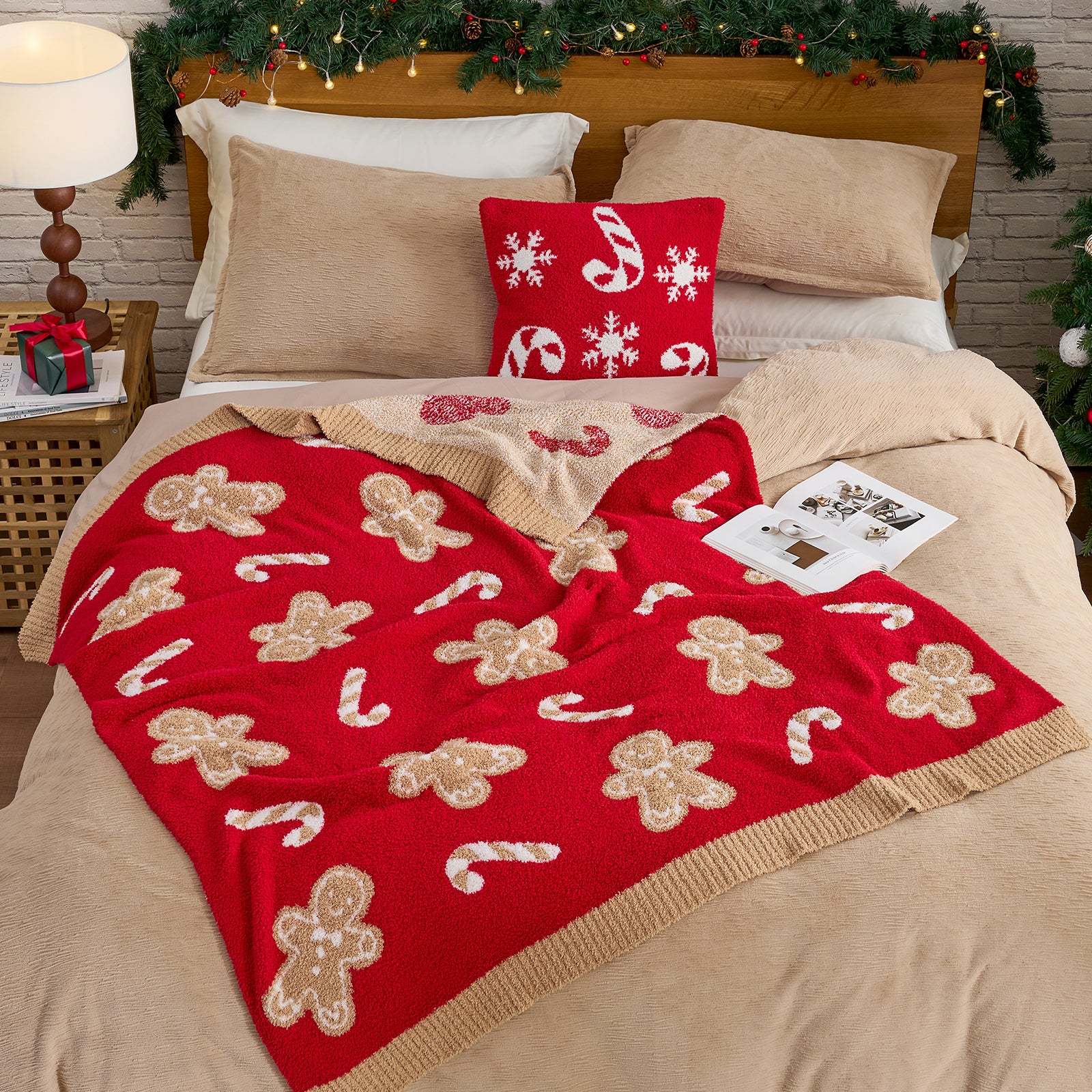Gingerbread Man Red Candy Cane Throw Blanket
