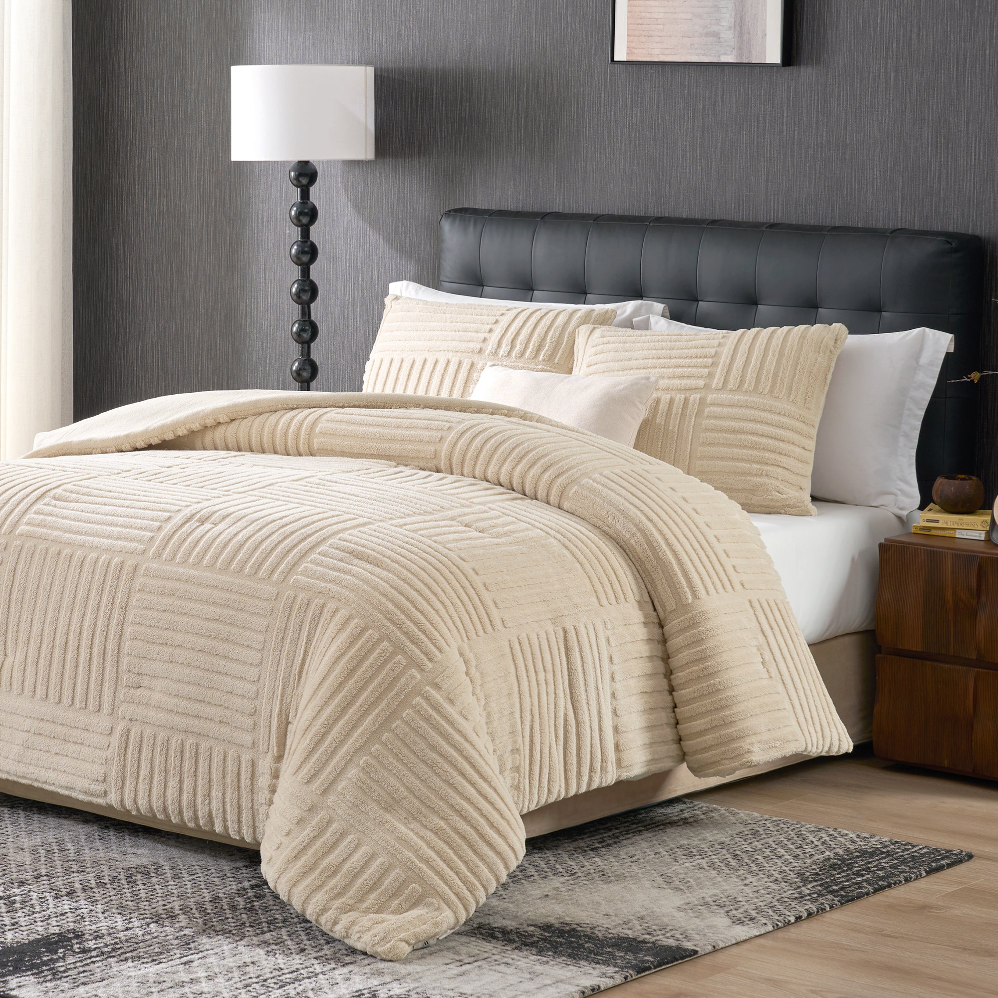 Side View of Snuggle SacWinter Stripe Jacquard Design Comforter Set in khaki on bed#color_Khaki
