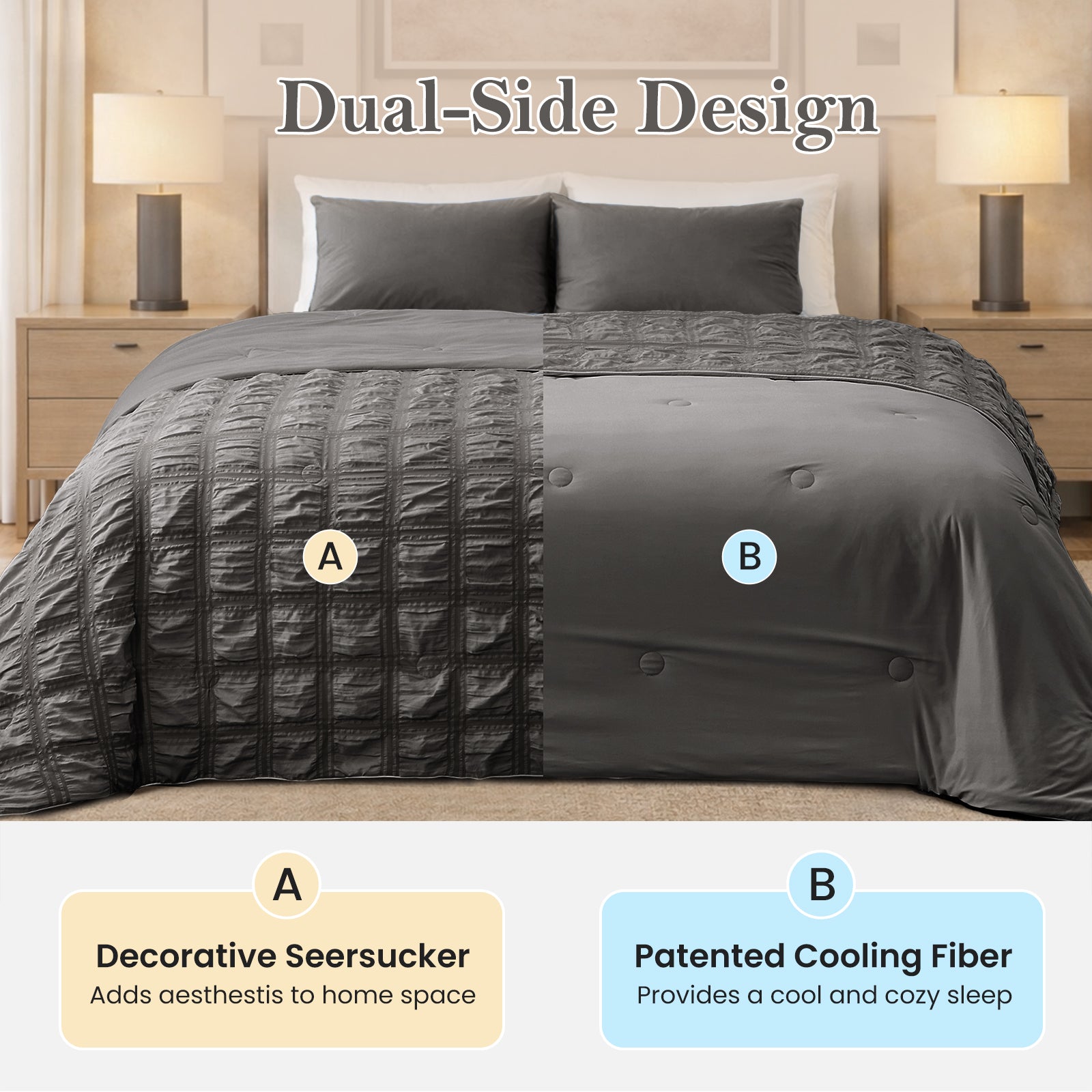 Snuggle Sac Cooling comforter with double comfort design on bed#color_Dark Grey
