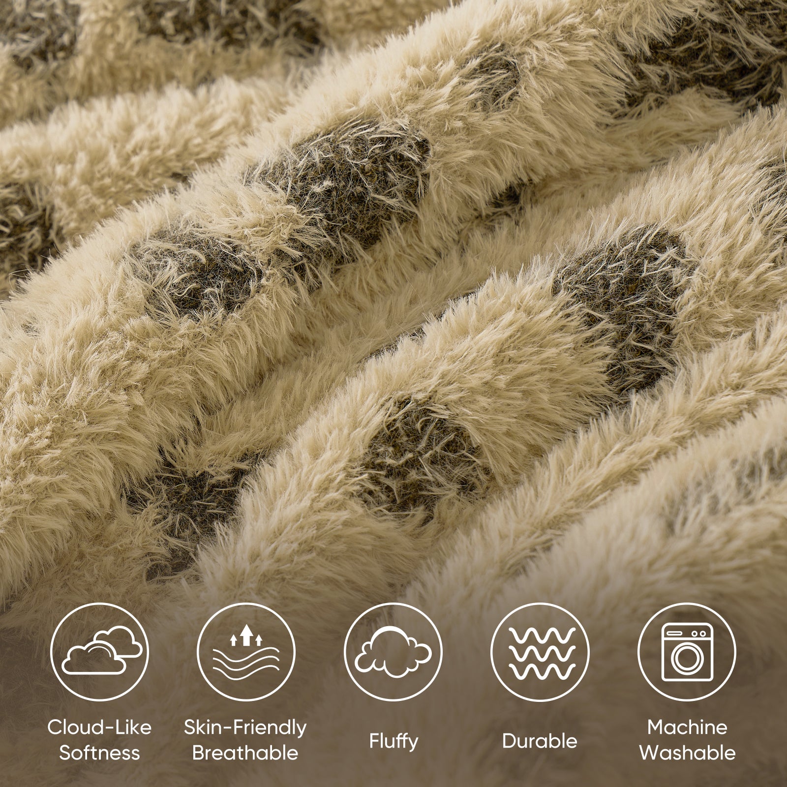 Leopard faux fur knit throw blanket in Brown Leopard displayed in close up, highlighting cloud like softness, breathable fabric, durability, and machine washable features #color_Brown Leopard