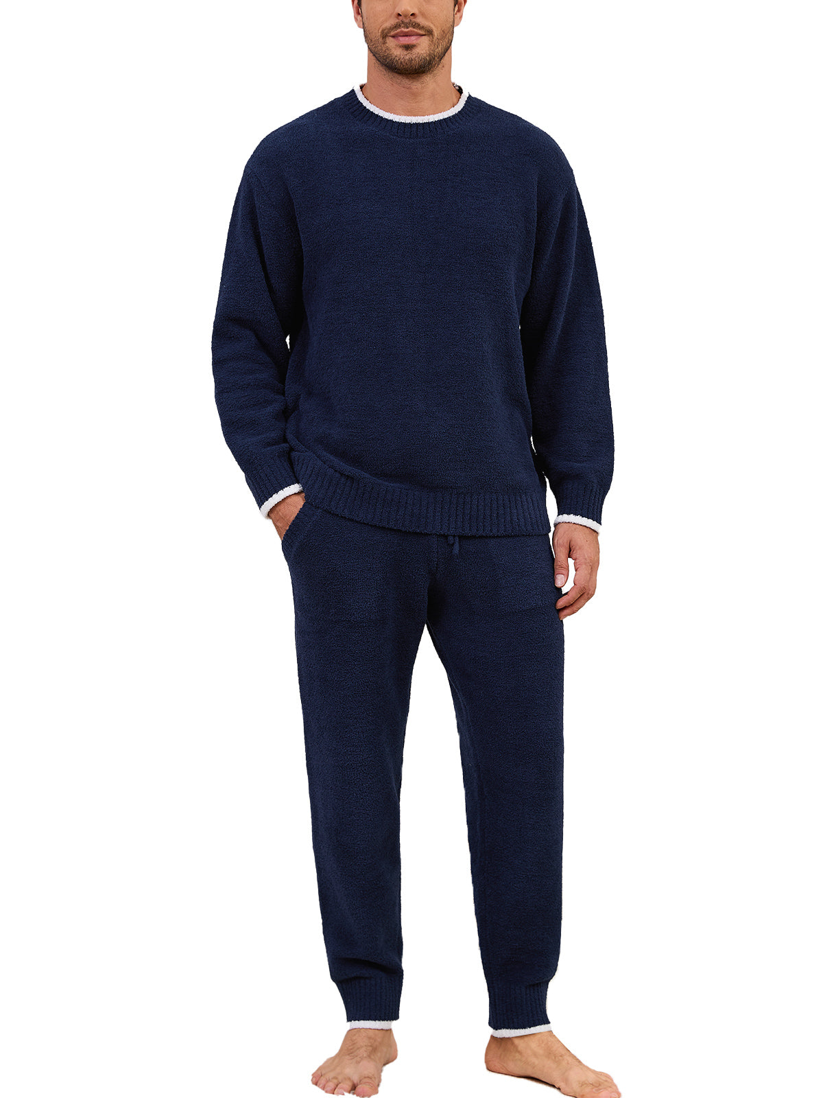 Man wearing a navy blue sweater and pants set on a white background #color_Navy
