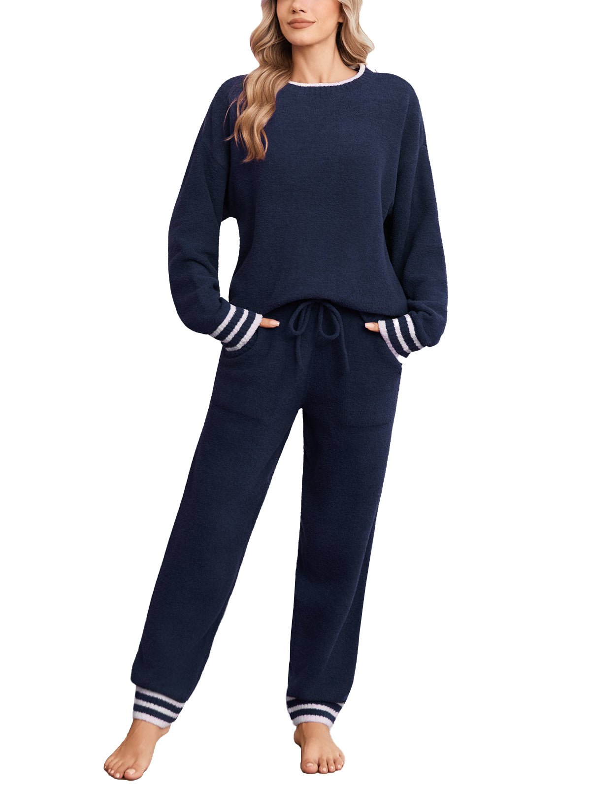 Navy blue pajama set with white stripes on a white background  #color_Navy