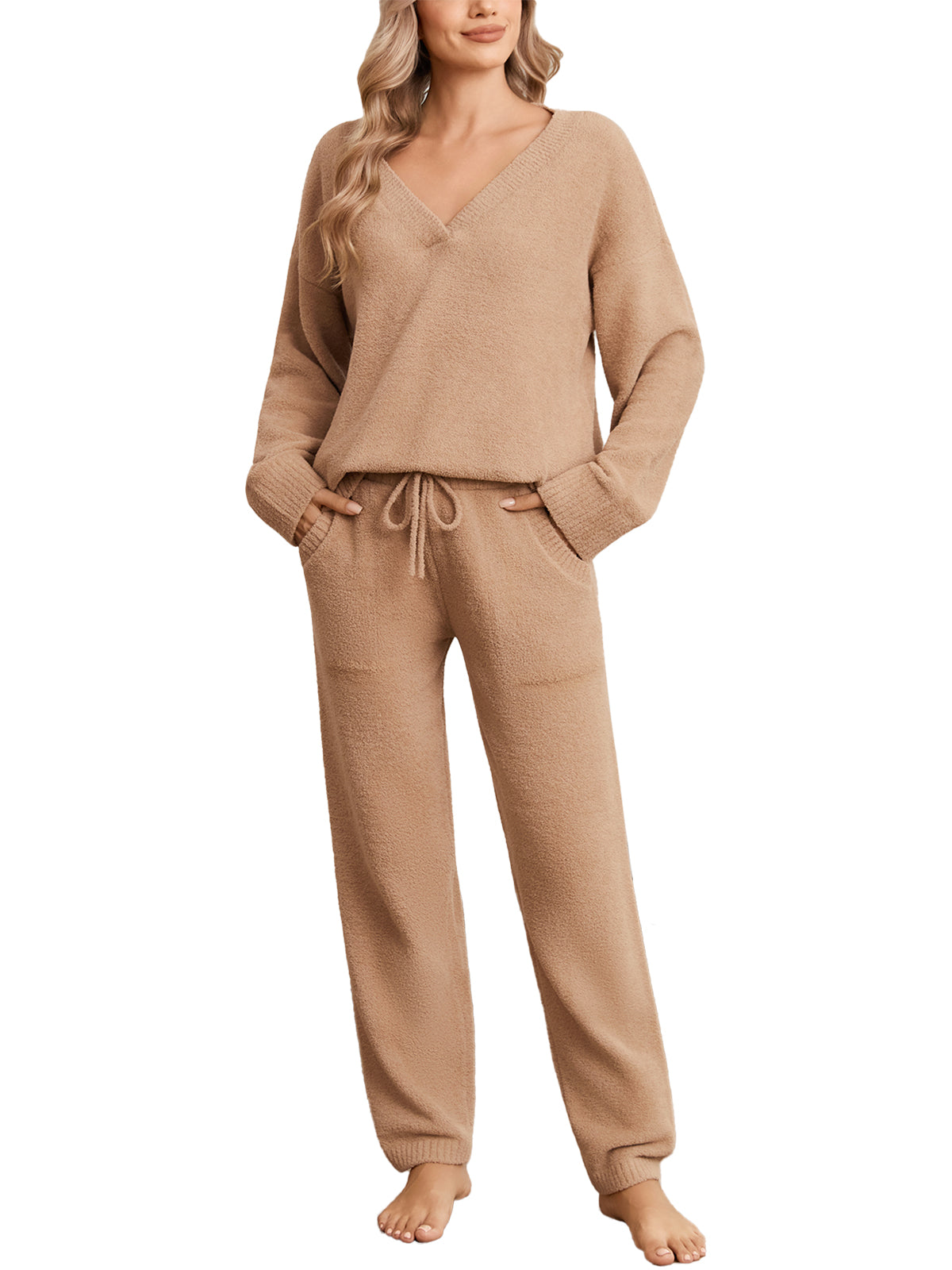 Woman wearing a beige lounge set on a white background #color_Khaki