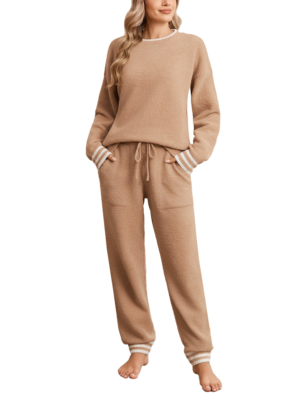 Woman wearing a beige lounge set on a white background #color_Khaki