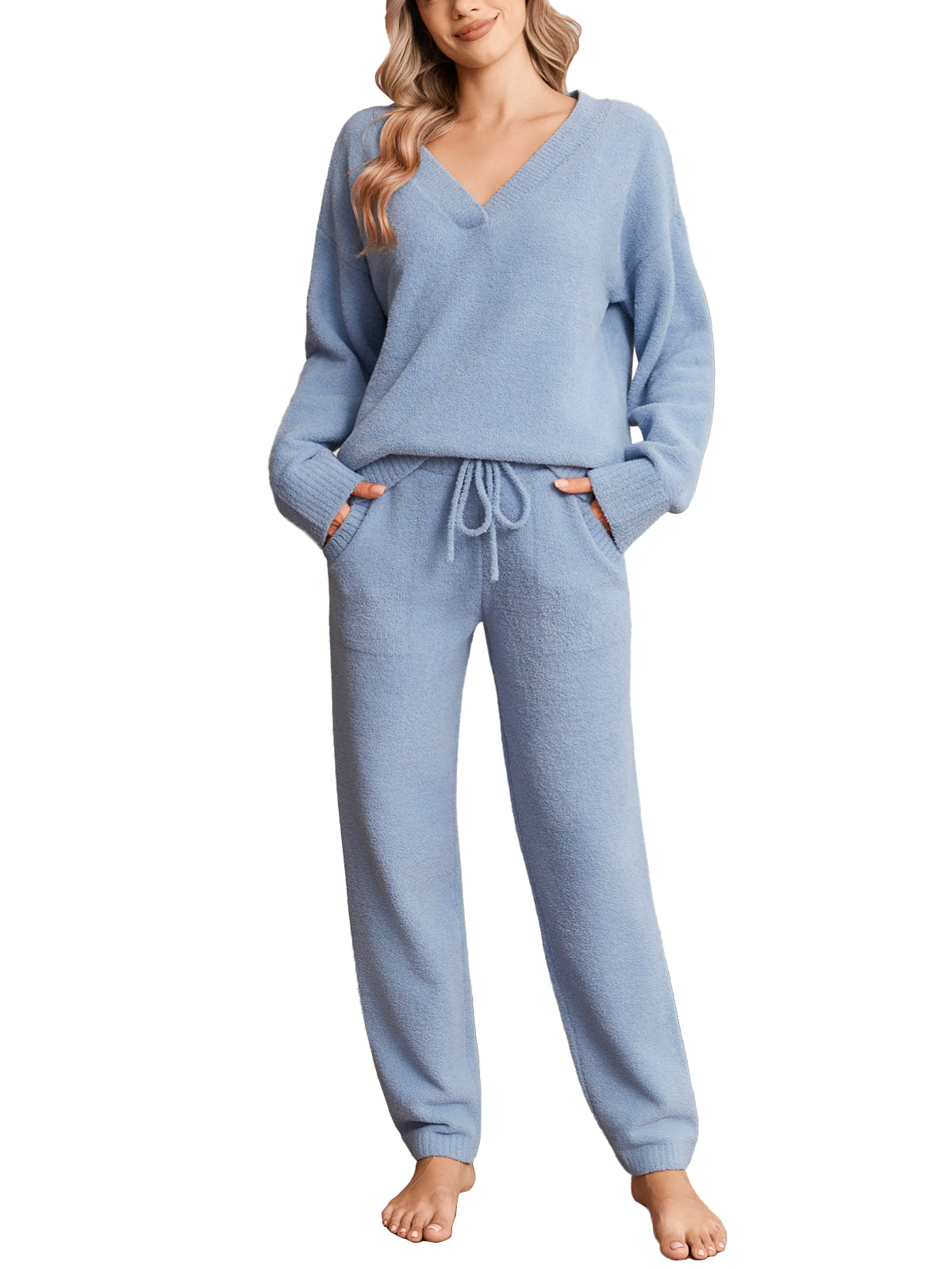 Woman wearing a blue pajama set on a white background #color_Blue