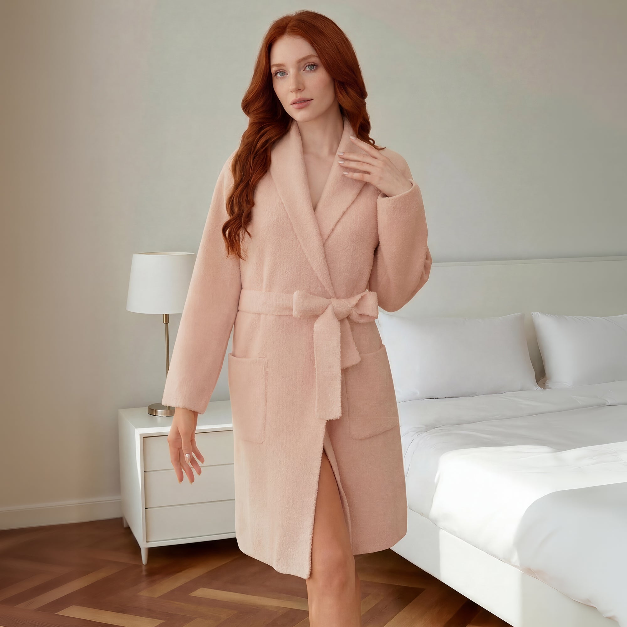Woman wearing Snuggle Sac pink robe in a bedroom setting #color_Pink