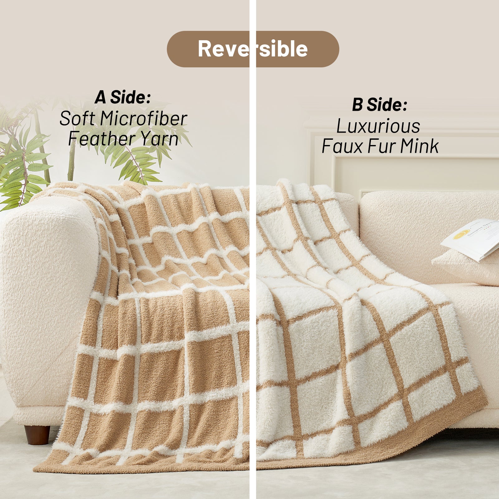 Snuggle Sac reversible Checkered Faux Fur Knit Throw Blanket in beige and ivory shown on a couch with text describing soft microfiber feather yarn and luxurious faux fur mink sides.#color_Beige