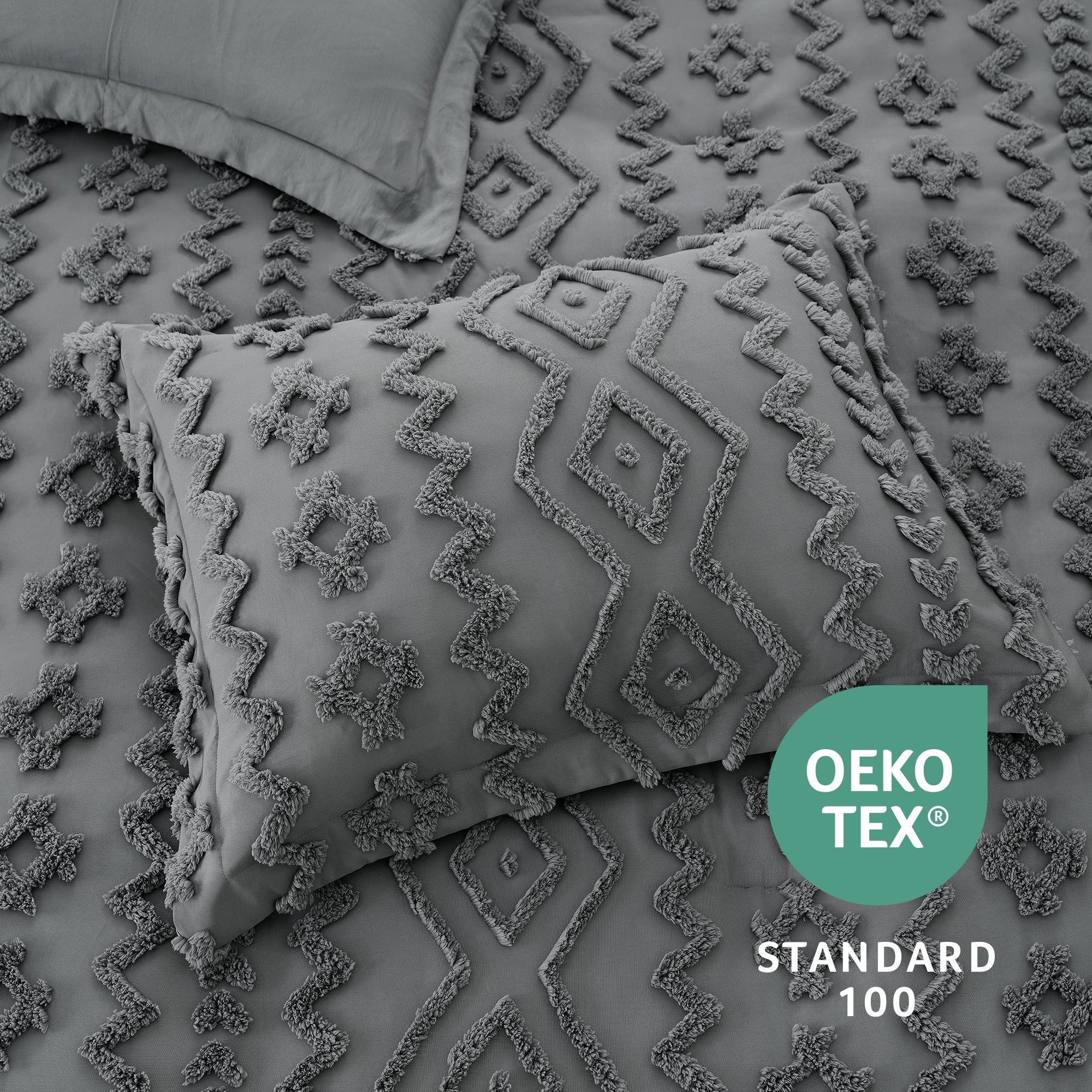 Snuggle SacAll-Season Boho Deluxe Embroidery Comforter Set on bed with OEKO TEX Certificate#color_Dark Grey