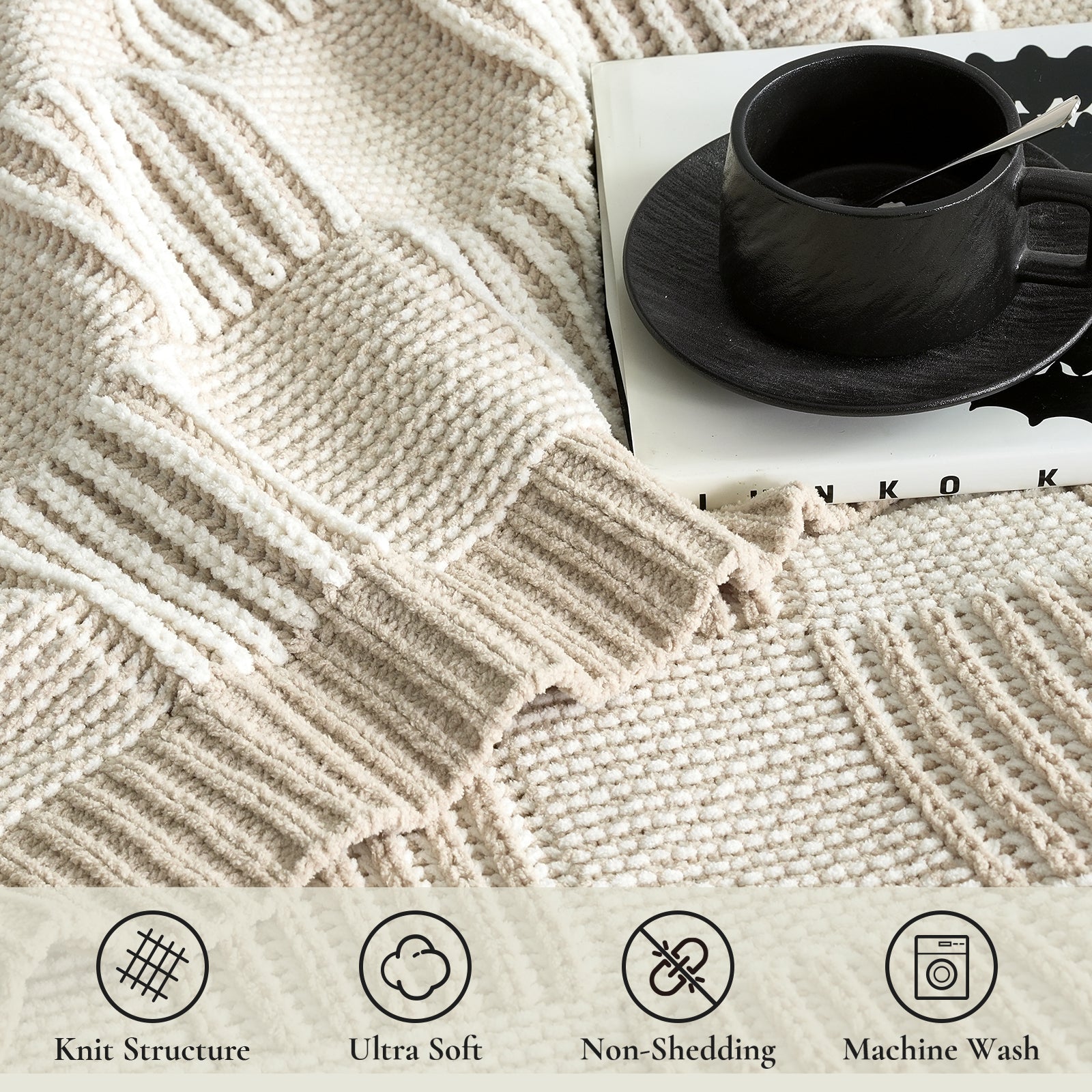 Close up of two tone checkered chenille knit throw blanket in Khaki showing knit structure ultra soft feel non shedding and machine washable features #color_Khaki