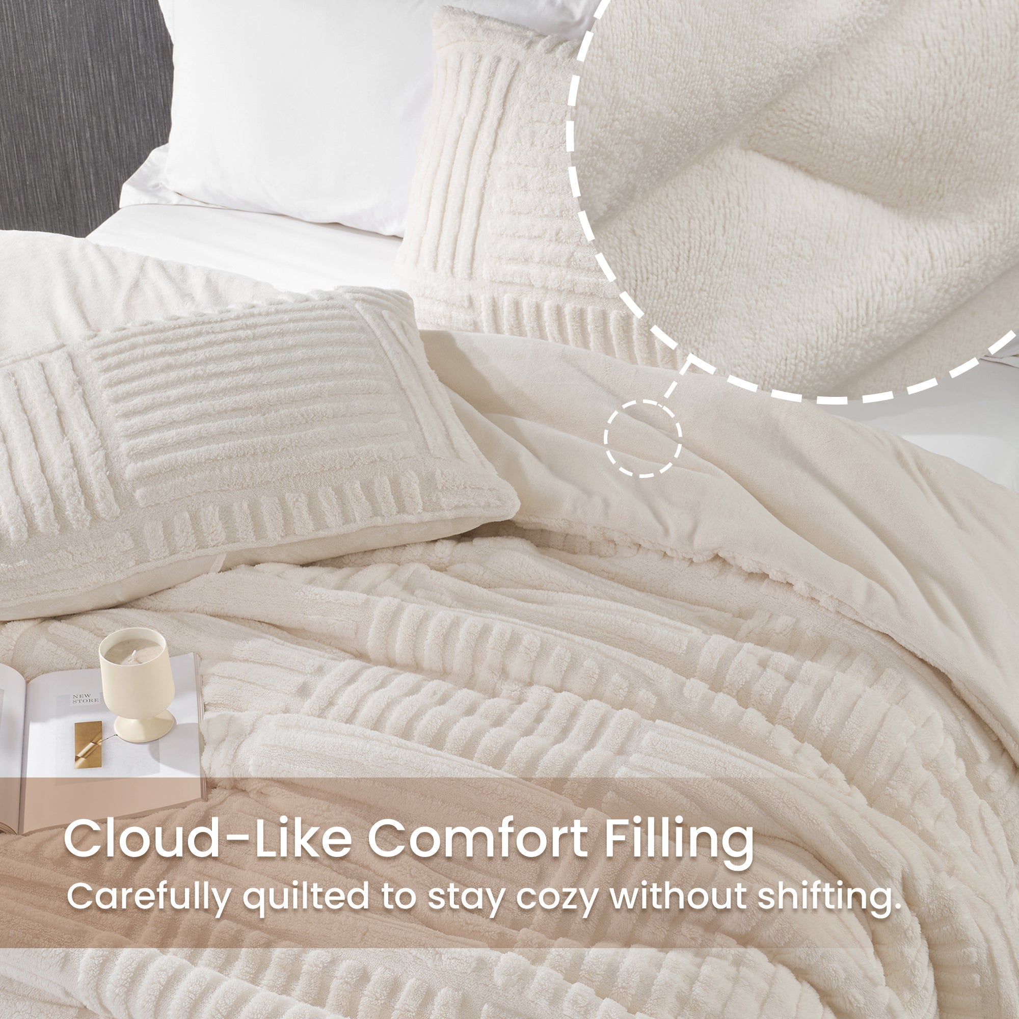 Snuggle Sac Stripe Jacquard comforter with double comfort design in beige on bed#color_Beige